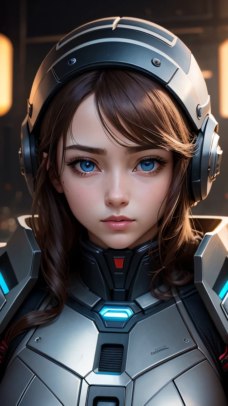 masterpiece,  最high quality, , (alone), 1 girl, look up, dim light, , horizon_(apex legend), goggles, blue eyes, brown hair, gauntlet, shoulder armor,  (Mecha Helmet), (science_fiction), outdoors, street, neon light, cyber punk, masterpiece, 最high quality, high quality, High resolution, (((close up of face)))