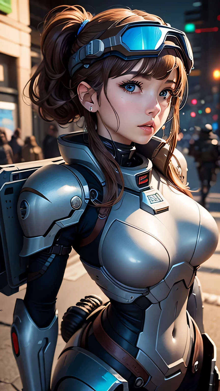 masterpiece,  最high quality, , (alone), 1 girl, look up, dim light, , horizon_(apex legend), goggles, blue eyes, brown hair, gauntlet, shoulder armor,  (Mecha Helmet), (science_fiction), outdoors, street, neon light, cyber punk, masterpiece, 最high quality, high quality, High resolution, (((close up of face)))
