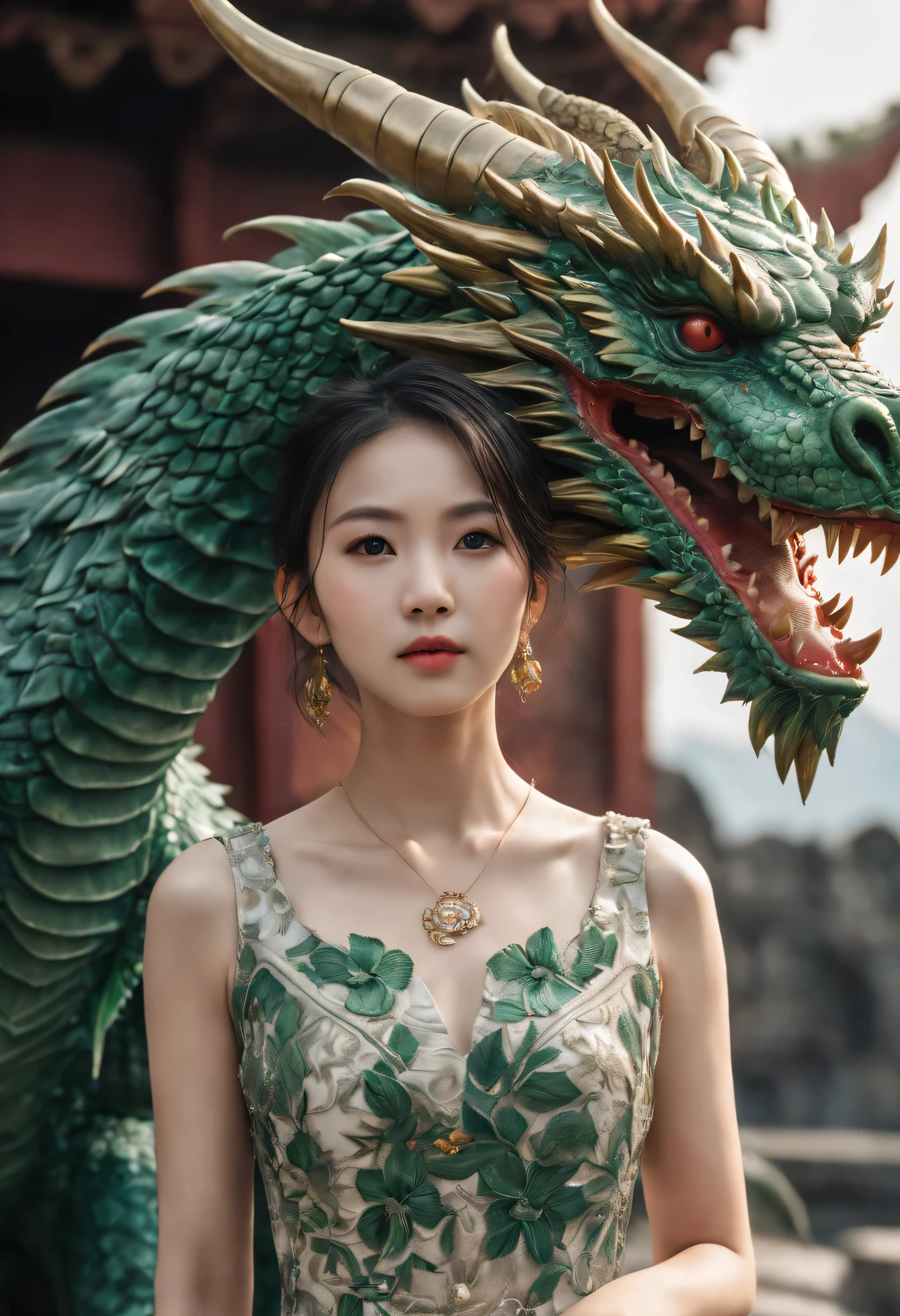 HDR, UHD, 64k, polychromatic neon, phantasmagoria, vray, polychromatic noir, hyperrealistic photo, portrait of a very attractive single Asian girl with beautiful emerald detailed eyes in a detailed white dress with dragons on it, she has medium-sized breasts, anatomically correct, finely detailed features, perfect body, perfectly flawless skin, super-detailed black and red dragon tattoos, (award winning, best quality), masterpiece, detailed, edgy, (dramatic, confident, mirrorless, ultra-wide angle, sunset, lifestyle editorial, black and white, high, backlit), ( blending, smooth, serious, detailed expressions, artstyle, detailed eyes, HDR, UHD, 64k, RTX, sharp, sharp focus, highly detailed, intricate detail, professional, artistic flow, ultra detailed, high resolution photography)