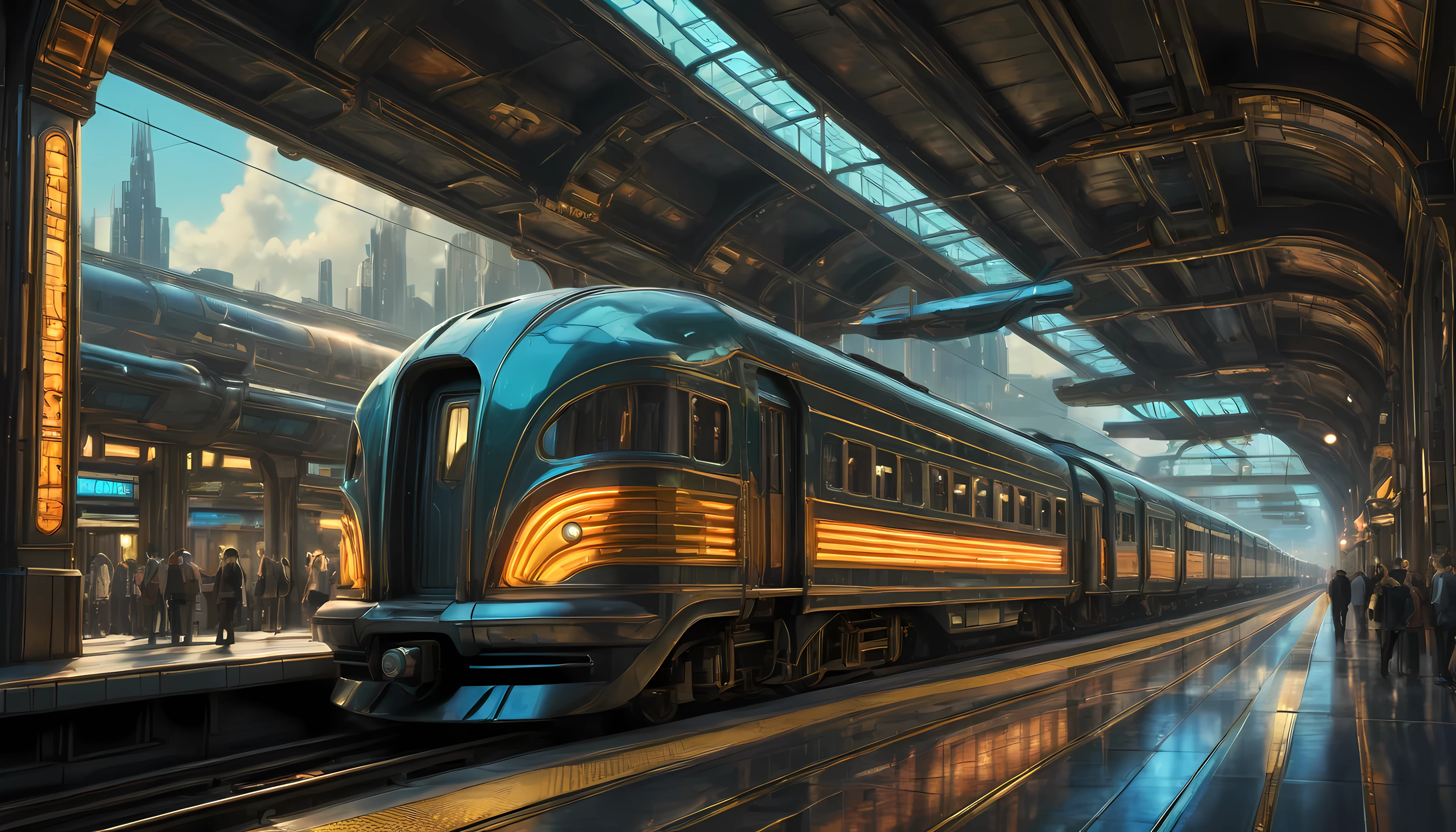 art deco style flying train, art deco style science fiction, background is floating train station.

(best quality,4k,8k,highres,masterpiece:1.2),ultra-detailed,(realistic,photorealistic,photo-realistic:1.37),HDR,UHD,studio lighting,ultra-fine painting,sharp focus,physically-based rendering,extreme detail description,professional,vivid colors,bokeh.