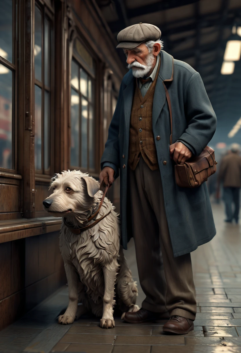 love story, a old man and a old dog, Train Station, (best quality, masterpiece, Representative work, official art, Professional, Ultra intricate detailed, 8k:1.3)