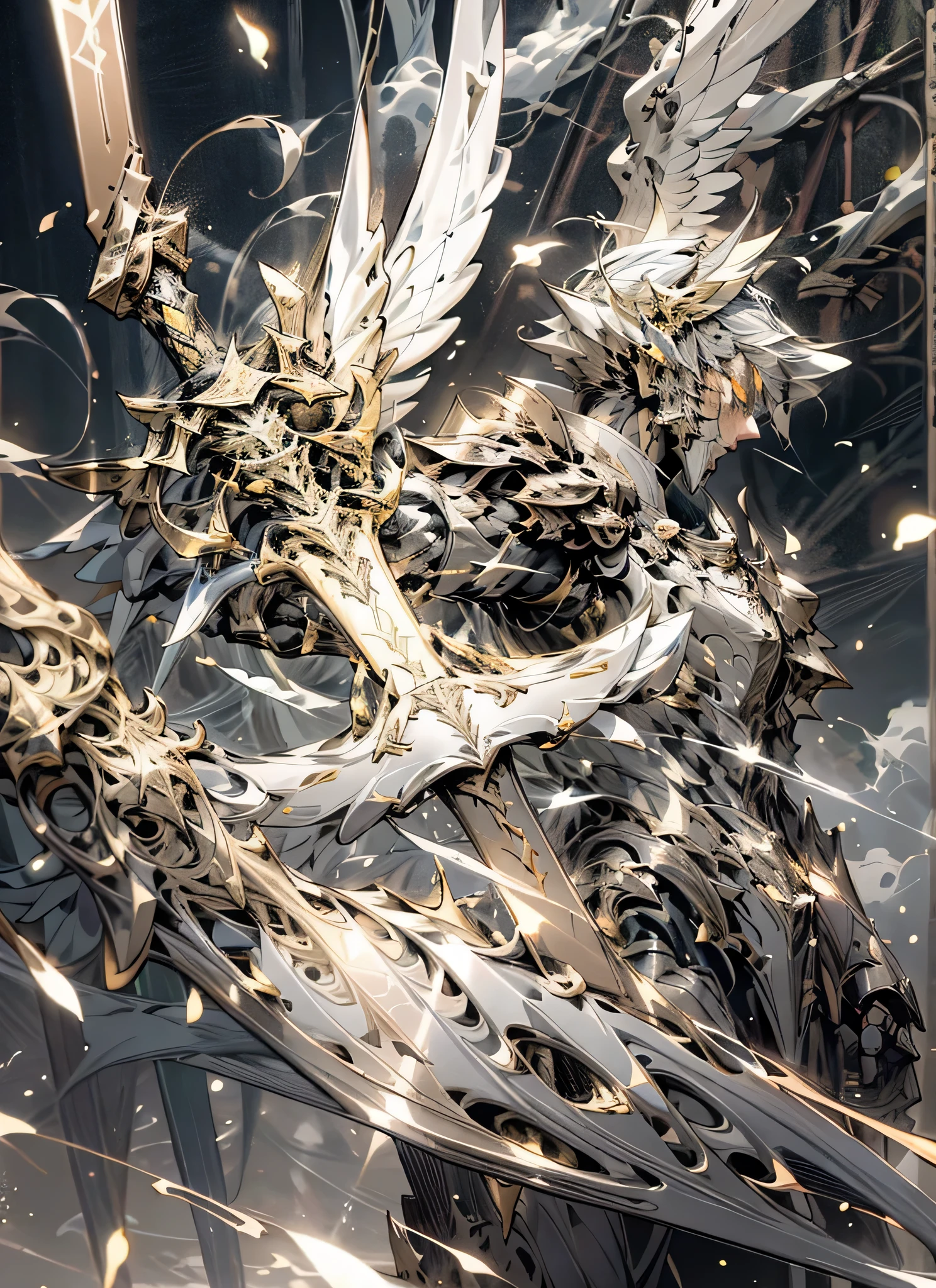 best quality, masterpiece,high resolution,8k,whole body, NVIDIA Lighting,Mighty seraph you,Armored angel with wings, Mechanical body,Holding a huge sword,Silver armor,Sunlight shines through gaps in the clouds, Surrealism, shadow, comfort, stereoscopic view, vertical painting, view, 大气view,