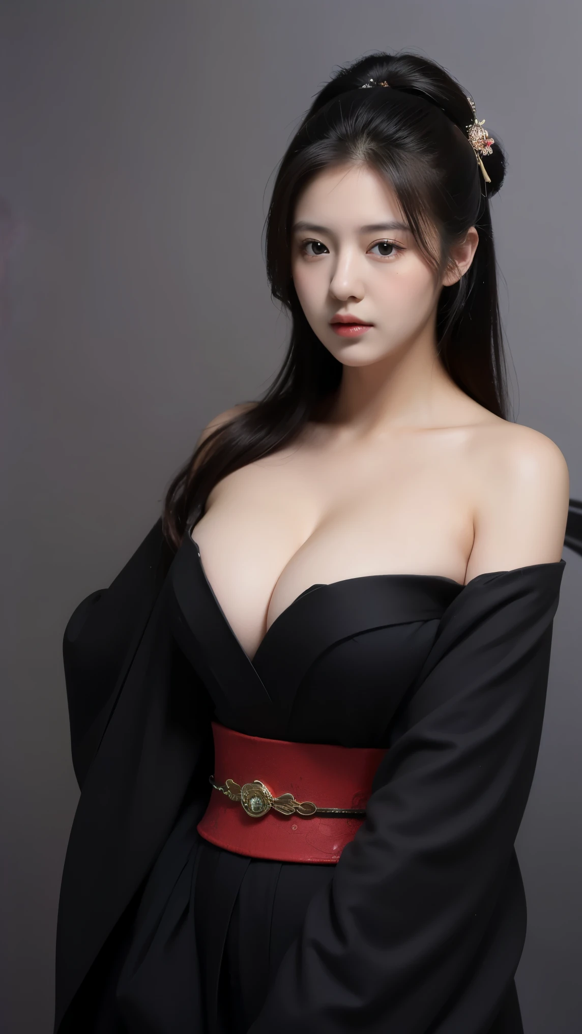 ((Best quality, 8k, Masterpiece :1.3)), Image of a geisha. Like the hair of a Japanese geisha, Long black hair:1.3. Beautiful geisha in kimono, (black kimono). Big breasts:1.3. close up cleavage. ((Bare shoulders _depth of field)), atmospheric perspective, Volumetric lighting, Clear focus, absurd resolution, Realistic proportions, Good anatomy, (realistic,Hyper-realistic:1.37), 16K HD, INFO. ((dark background)), black background.
