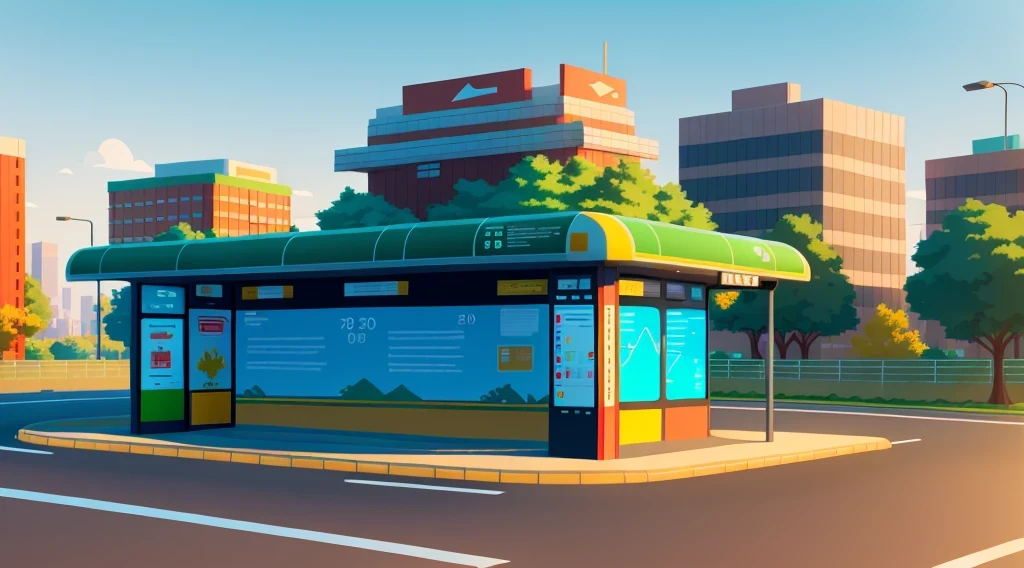 isometric style，120 degrees accurate，Poly Art，by the road，There is a bus stop，There are a lot of billboards, Three digital billboards in the middle, electronic signage, Super detailed，Super detailed，Super detailed，Super detailed，Super detailed，3D stylized scene