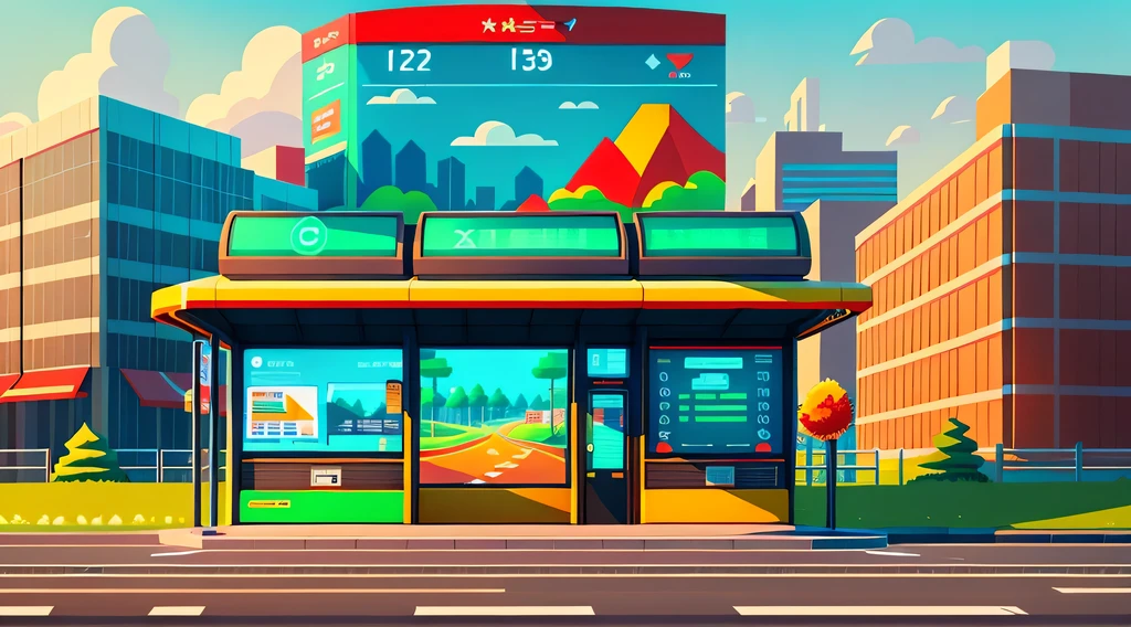 isometric style，120 degrees accurate，Poly Art，by the road，There is a bus stop，There are a lot of billboards, Three digital billboards in the middle, electronic signage, Super detailed，Super detailed，Super detailed，Super detailed，Super detailed，3D stylized scene