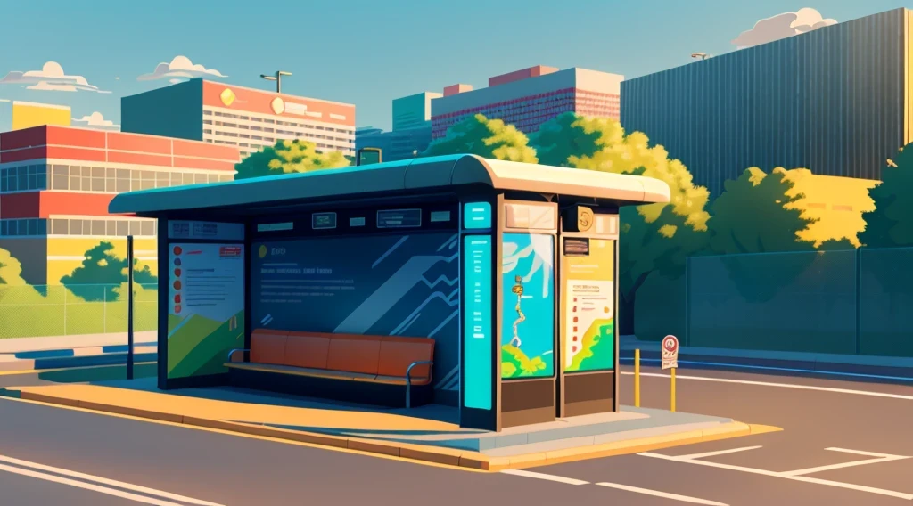 isometric style，120 degrees accurate，Poly Art，by the road，There is a bus stop，There are a lot of billboards, Three digital billboards in the middle, electronic signage, Super detailed，Super detailed，Super detailed，Super detailed，Super detailed，3D stylized scene