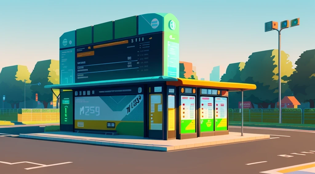 isometric style，120 degrees accurate，Poly Art，by the road，There is a bus stop，There are a lot of billboards, Three digital billboards in the middle, electronic signage, Super detailed，Super detailed，Super detailed，Super detailed，Super detailed，3D stylized scene