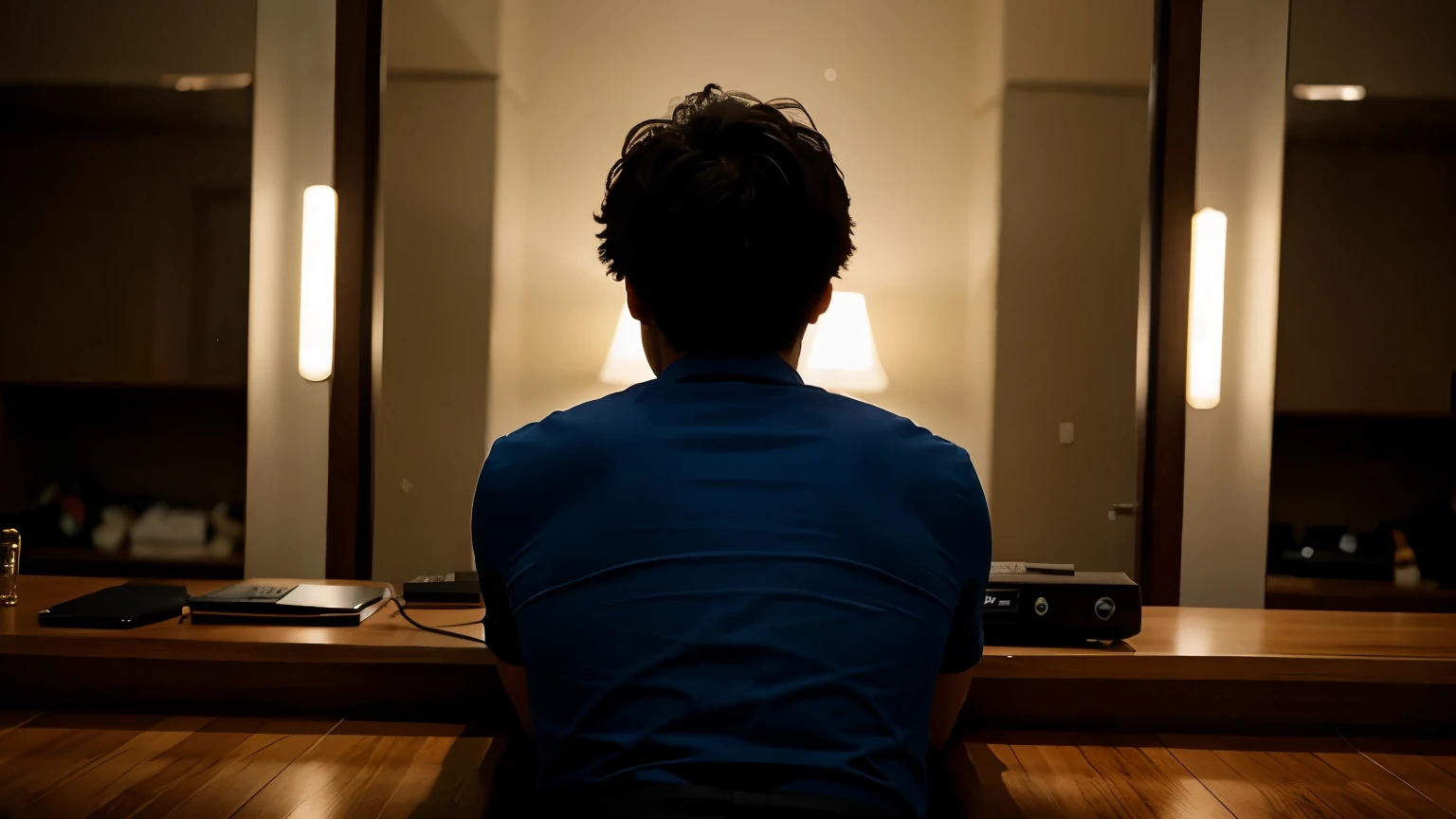 boy using computer, night, back view