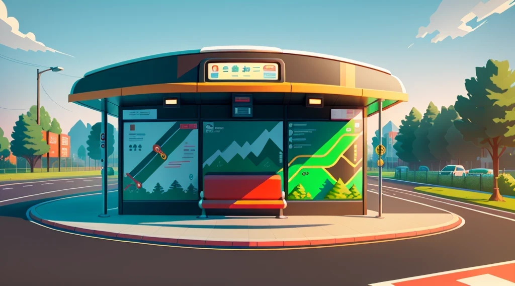 isometric style,120 degrees accurate,Poly Art,by the road,There is a bus stop,There are a lot of billboards, Three digital billboards in the middle, electronic signage, Super detailed,Super detailed,Super detailed,Super detailed,Super detailed,3D stylized scene