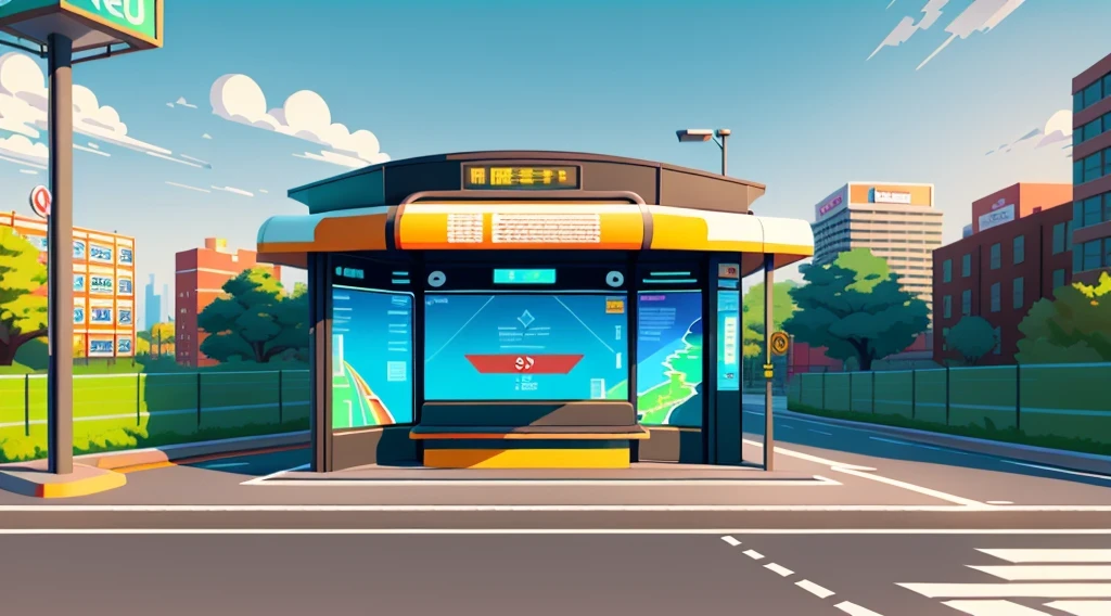 isometric style，120 degrees accurate，Poly Art，by the road，There is a bus stop，There are a lot of billboards, Three digital billboards in the middle, electronic signage, Super detailed，Super detailed，Super detailed，Super detailed，Super detailed，3D stylized scene