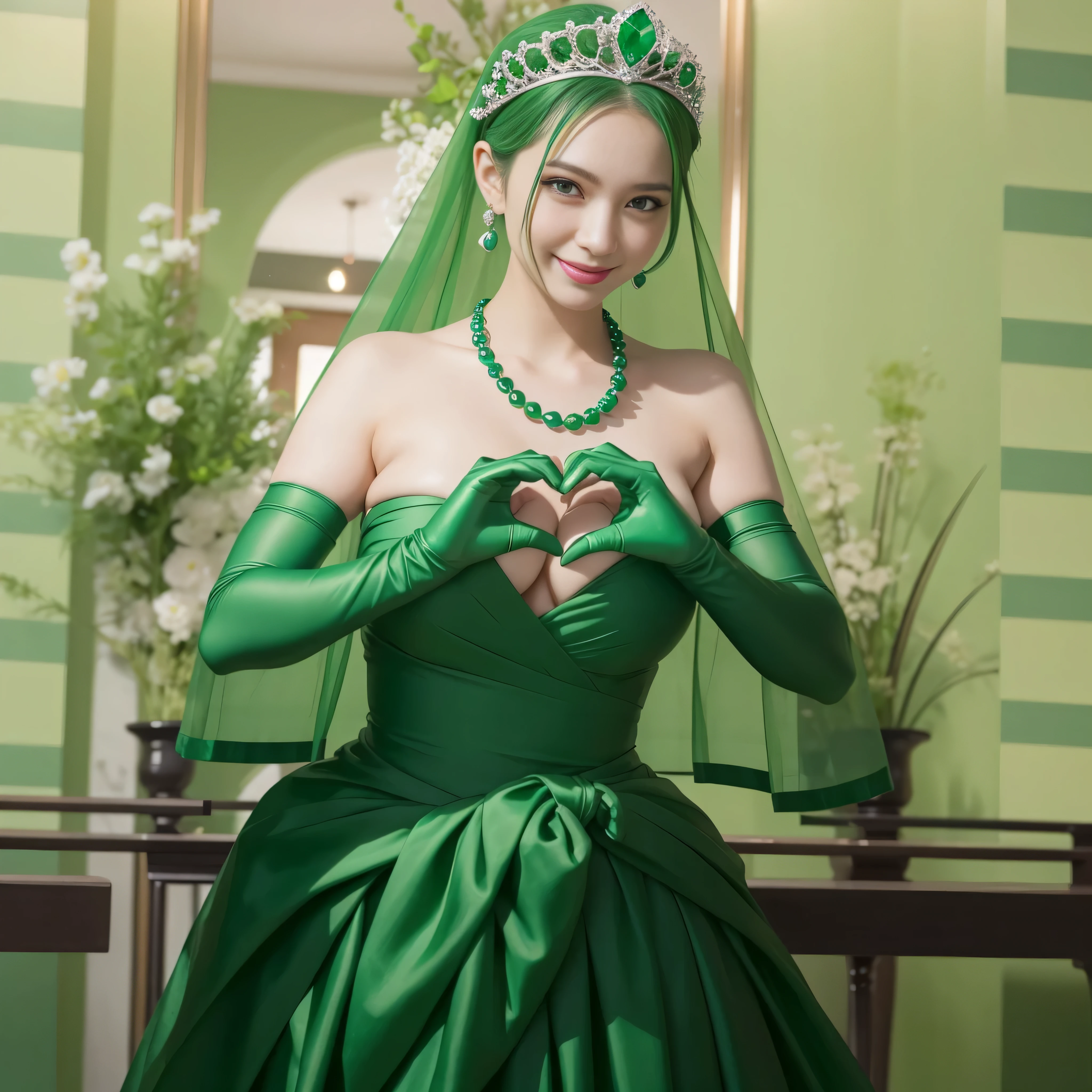 emerald tiara, Green Pearl Necklace, ボーイッシュな非常に短いgreen hair, green lips, smiling Japanese woman, very short hair, Beautiful woman with big breasts, green eyes, green satin long gloves, green eyes, emerald earrings, Green veil, Heart with both hands, green hair, beautiful japanese woman, heart shaped hands:1.3, green lip gloss