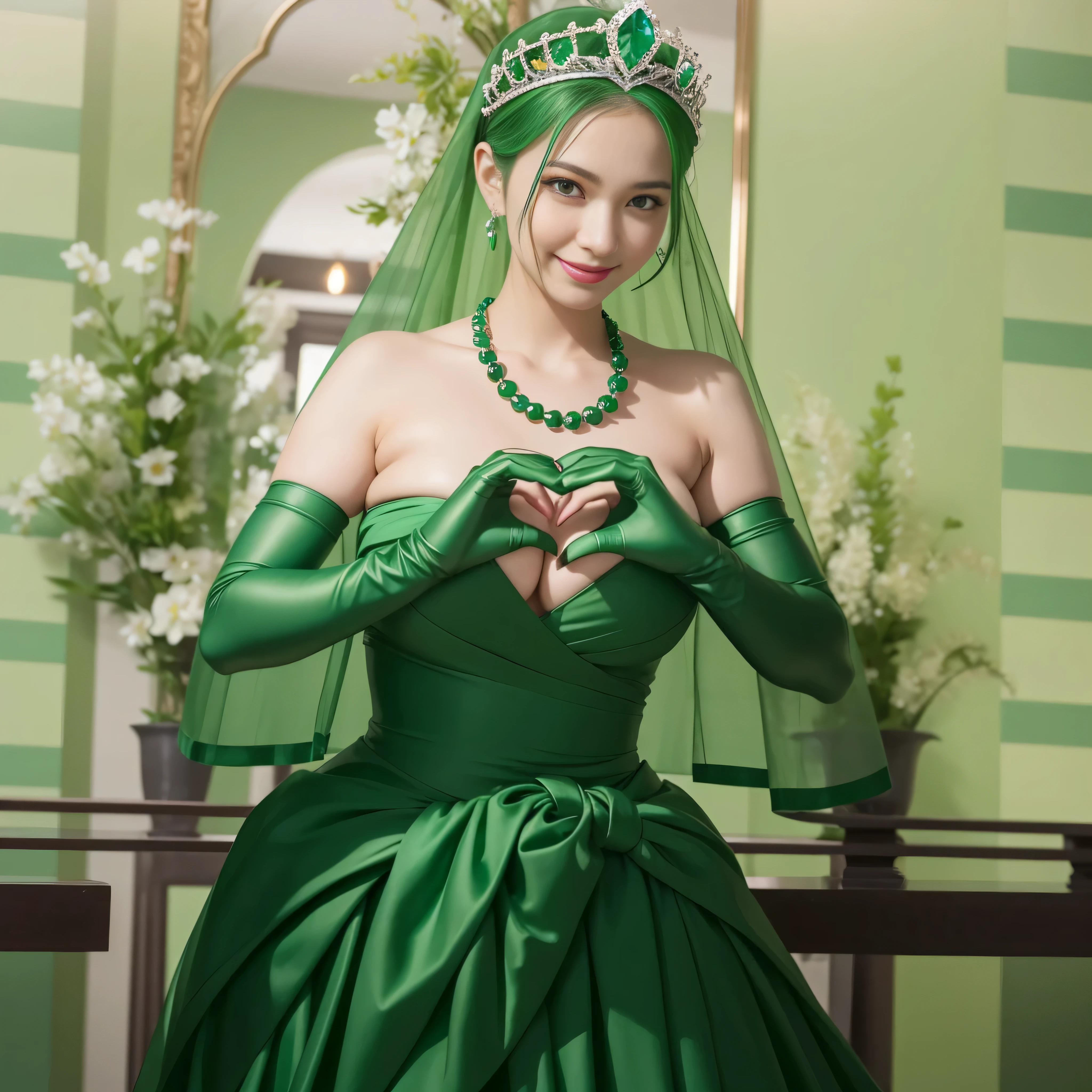 emerald tiara, Green Pearl Necklace, ボーイッシュな非常に短いgreen hair, green lips, smiling Japanese woman, very short hair, Beautiful woman with big breasts, green eyes, green satin long gloves, green eyes, emerald earrings, Green veil, Heart with both hands, green hair, beautiful japanese woman, heart shaped hands:1.3, green lip gloss