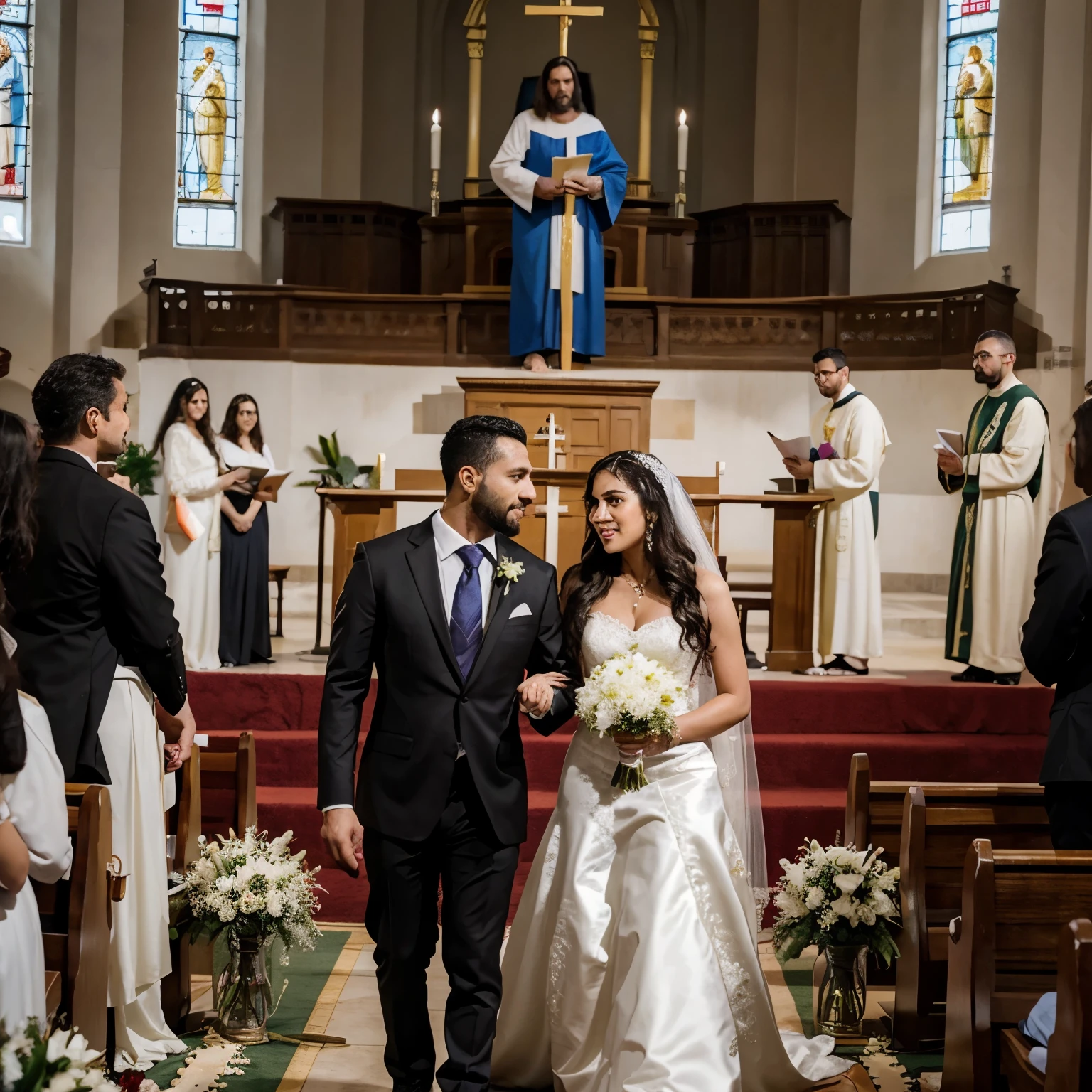 1 casal de homem e mulher,se casando na igreja,ao lado de Jesus Cristo,alta qualidade