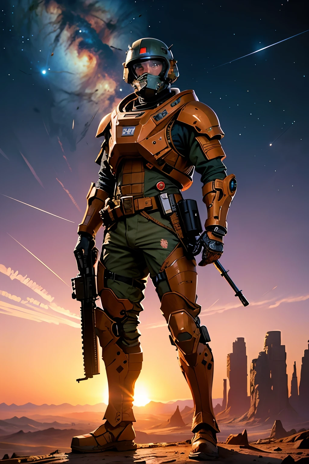 (Masterpiece, Highest Quality), A futuristic soldier, The biggest gun in hand, Confidently standing atop a rock, Amidst the barren desert of Mars, Hyper-realistic, Photorealistic, Extremely detailed,
Textured armor, Sweat glistening on the soldier's brows, Desert dust covering every crevice, Ragged edges of camouflage, Realistic gun texture, Ultra-detailed Martian terrain beneath, Star-studded sky in the background, Vibrant red and orange sunset, Space station in the distance, Detailed facial features, Intricate gun design, Ultra high resolution, 1