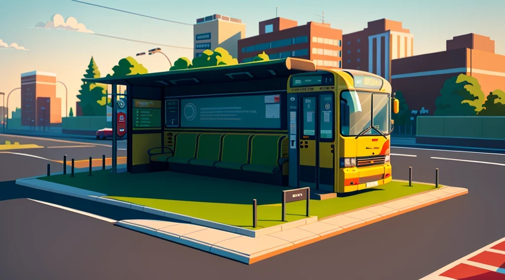isometric style,120 degrees accurate,Poly Art,by the road,There is a bus stop,There are a lot of billboards, The three license plates in the middle, electronic signage, Super detailed,Super detailed,Super detailed,Super detailed,Super detailed,3D stylized scene