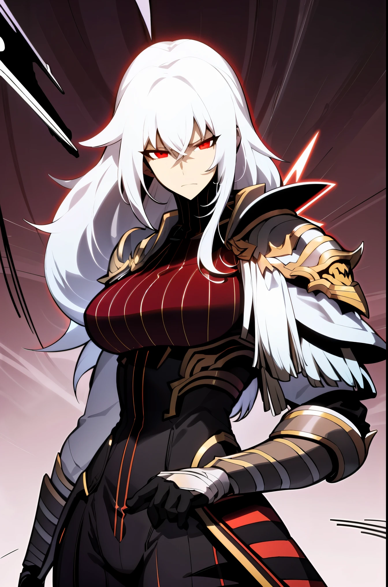 background, black woman, muscular 35 years old woman, long white hair, red eyes, excellent lighting, beautifull woman, striped_background, card_background, black woman in fantasy War clothes, white hair, black and yellow jacket, cargo pant , intricate pencil sketch, expressive eyes and nose and mouth, un-zoom, highly detailed, white background, Dynamic posture 