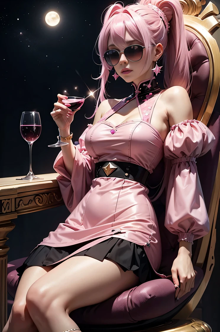 creamy pink hair , wearing pink and black outfit , moons and stars pattern, hoop earring , wearing a black sunglasses , sitting in a pink diamond throne  , have glass of wine , 2 ponytail , twin tail ,