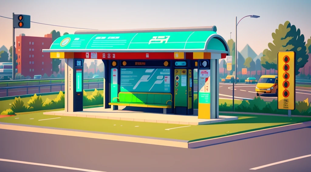 isometric style，120 degrees accurate，Poly Art，by the road，There is a bus stop，There are a lot of billboards, The three license plates in the middle, electronic signage, Super detailed，Super detailed，Super detailed，Super detailed，Super detailed，3D stylized scene