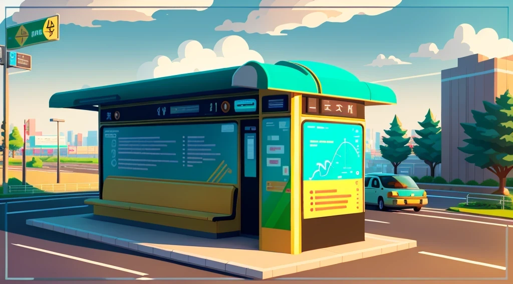 isometric style，120 degrees accurate，Poly Art，by the road，There is a bus stop，There are a lot of billboards, The three license plates in the middle, electronic signage, Super detailed，Super detailed，Super detailed，Super detailed，Super detailed，3D stylized scene