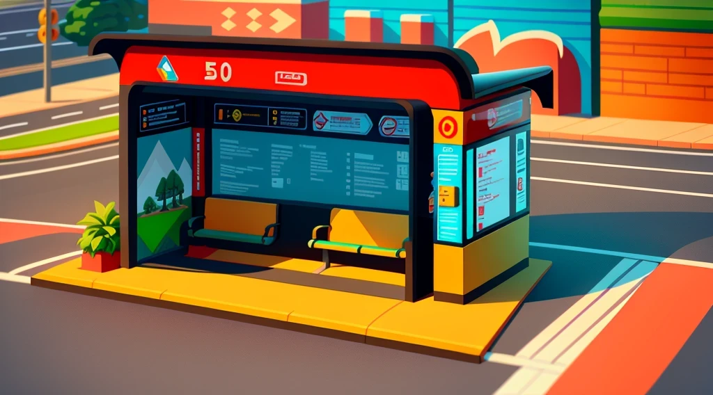 isometric style，120 degrees accurate，Poly Art，by the road，There is a bus stop，There are a lot of billboards, The three license plates in the middle, electronic signage, Super detailed，Super detailed，Super detailed，Super detailed，Super detailed，3D stylized scene