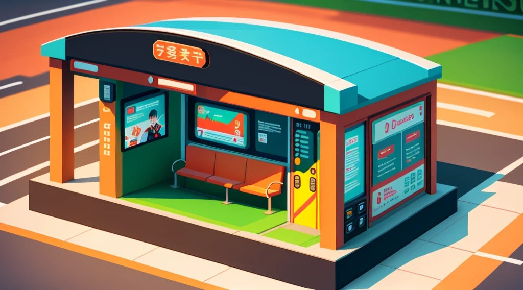 isometric style，120 degrees accurate，Poly Art，by the road，There is a bus stop，There are a lot of billboards, The three license plates in the middle, electronic signage, Super detailed，Super detailed，Super detailed，Super detailed，Super detailed，3D stylized scene