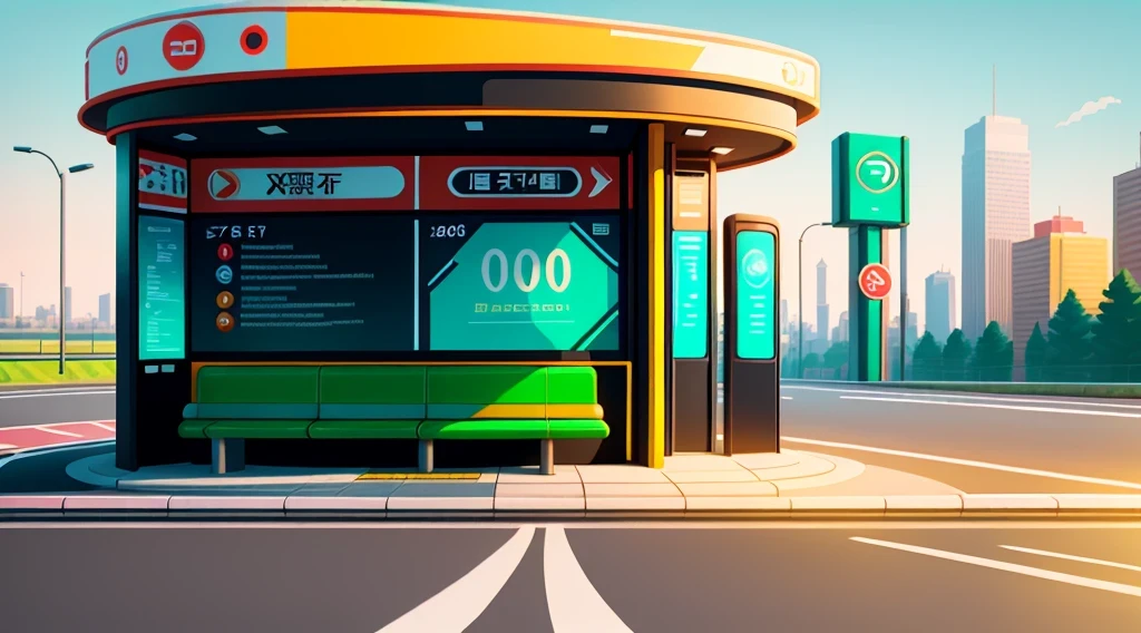 isometric style，120 degrees accurate，Poly Art，by the road，There is a bus stop，There are a lot of billboards, The three license plates in the middle, electronic signage, Super detailed，Super detailed，Super detailed，Super detailed，Super detailed，3D stylized scene