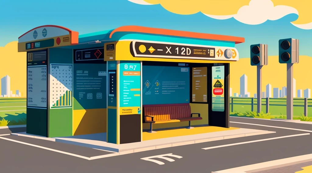 isometric style，120 degrees accurate，Poly Art，by the road，There is a bus stop，There are a lot of billboards, The three license plates in the middle, electronic signage, Super detailed，Super detailed，Super detailed，Super detailed，Super detailed，3D stylized scene