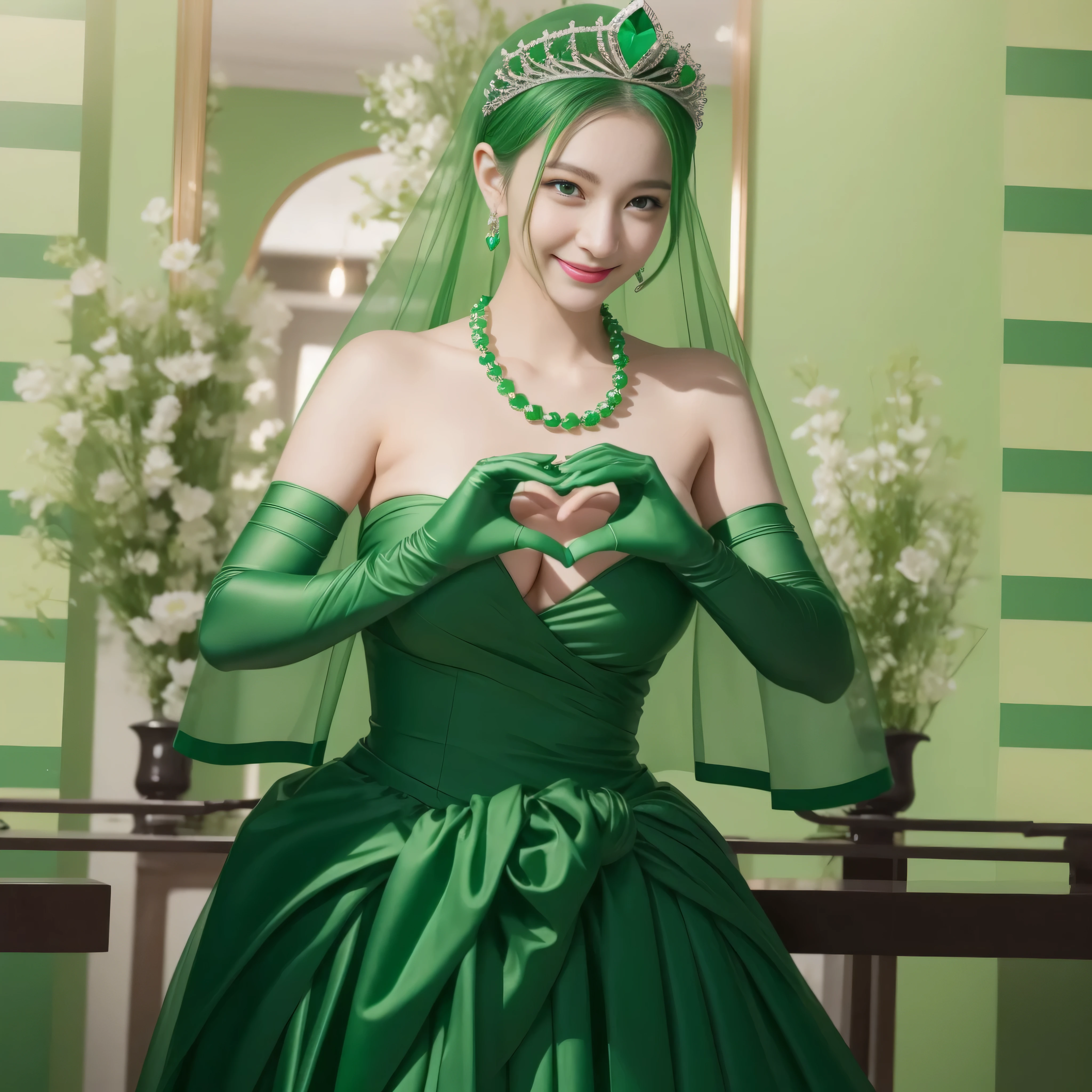 emerald tiara, Green Pearl Necklace, ボーイッシュな非常に短いgreen hair, green lips, smiling Japanese woman, very short hair, Beautiful woman with , green eyes, green satin long gloves, green eyes, emerald earrings, Green veil, Heart with both hands, green hair, beautiful japanese woman, heart shaped hands:1.3, green lip gloss