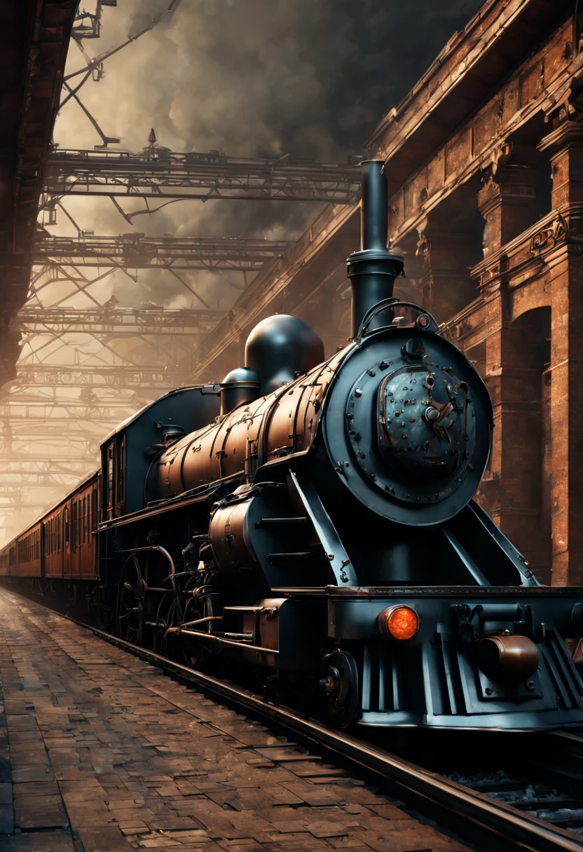 Train Station, aesthetic, Train, metal, rusted, detailed, 8k resolution, detailed matte painting, deep color, fantastical, intricate detail, splash screen, complementary colors, fantasy concept art, 8k resolution trending on Artstation Unreal Engine 5