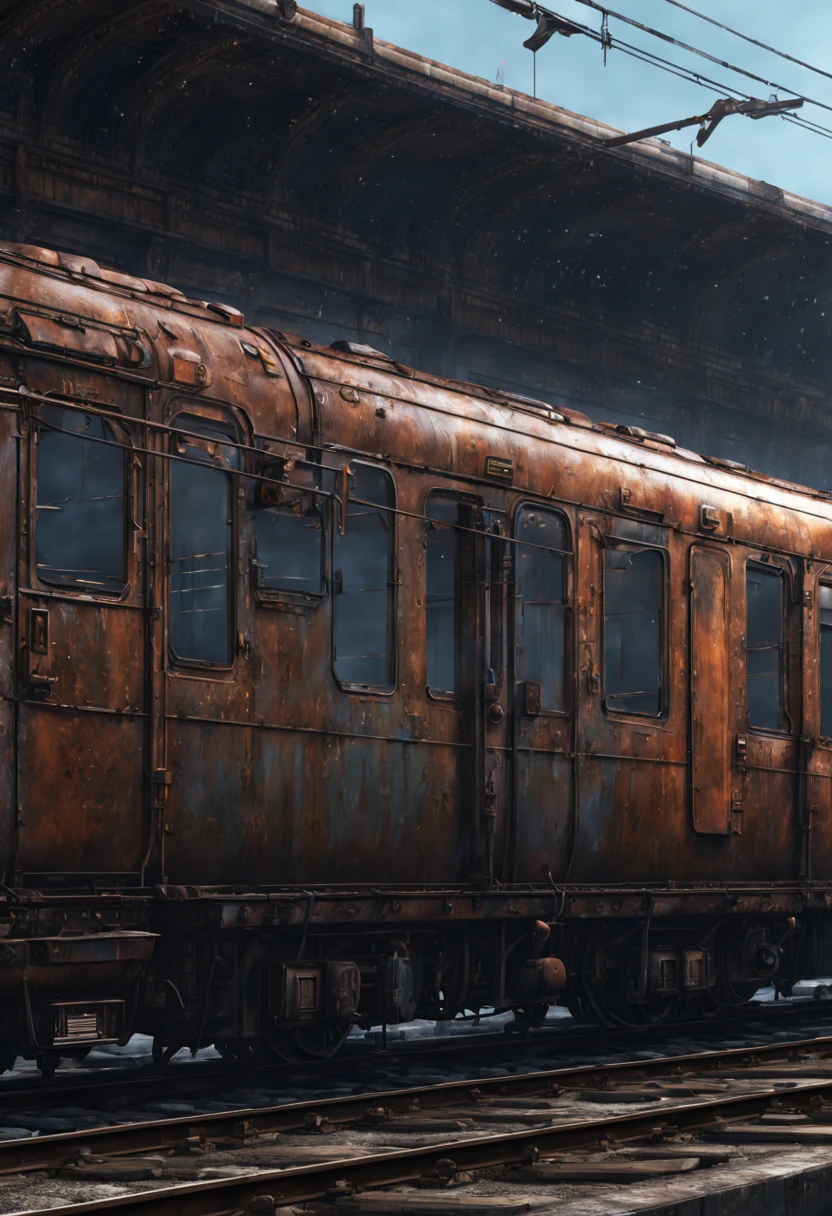 Train Station, aesthetic, Train, metal, rusted, detailed, 8k resolution, detailed matte painting, deep color, fantastical, intricate detail, splash screen, complementary colors, fantasy concept art, 8k resolution trending on Artstation Unreal Engine 5
