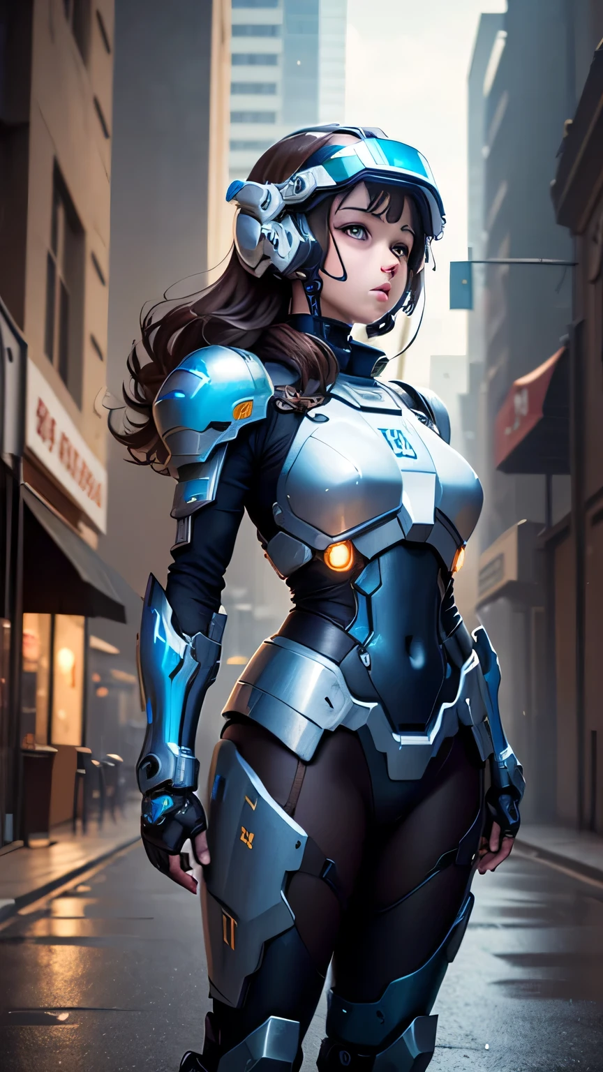 A woman in a futuristic suit standing on a city street - SeaArt AI