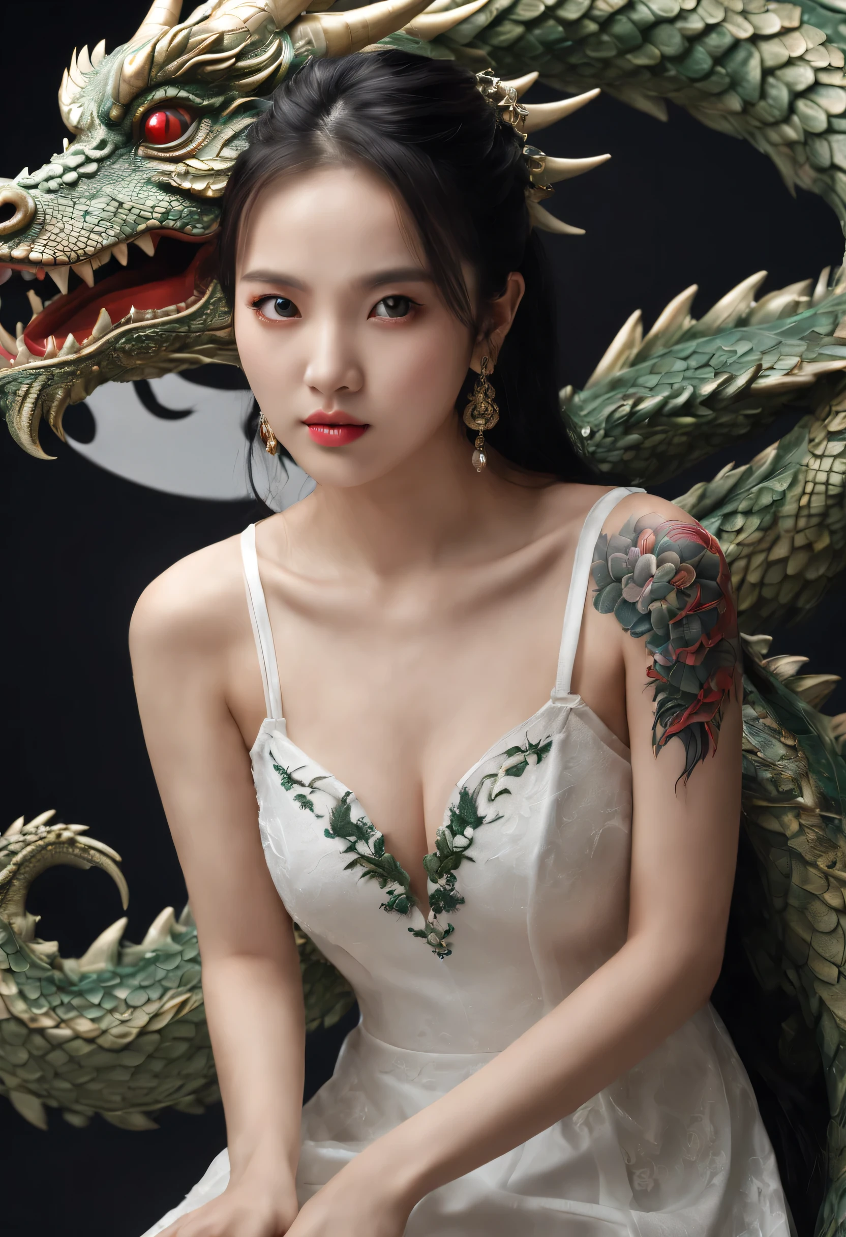 HDR, UHD, 64k, polychromatic neon, phantasmagoria, vray, polychromatic noir, hyperrealistic photo, portrait of a very attractive single Asian girl with beautiful emerald detailed eyes in a detailed white dress with dragons on it, she has medium-sized breasts and juicy cleavage, anatomically correct, finely detailed features, perfect body, lightly tanned skin, perfectly flawless skin, super-detailed black and red dragon tattoos, (award winning, best quality), masterpiece, detailed, edgy, (dramatic, confident, mirrorless, ultra-wide angle, sunset, lifestyle editorial, black and white, high, backlit), ( blending, smooth, serious, detailed expressions, artstyle, detailed eyes, HDR, UHD, 64k, RTX, sharp, sharp focus, highly detailed, intricate detail, professional, artistic flow, ultra detailed, high resolution photography)
