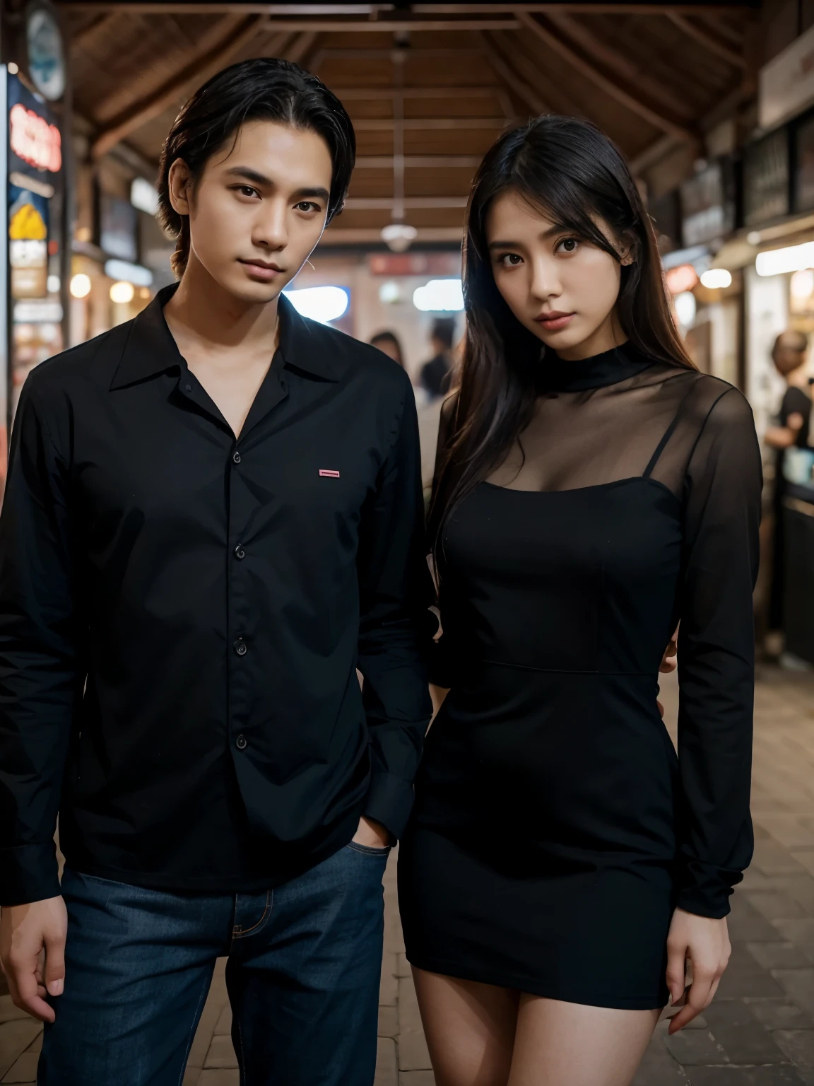 a man and a woman standing next to each other at a tourist spot in indonesia, an image, inspired by Adam Dario Keel, which is trending in the cg community, beautiful young Korean woman dressed in black party dress, jeans, movie screencap, model elisajes from acquamodels