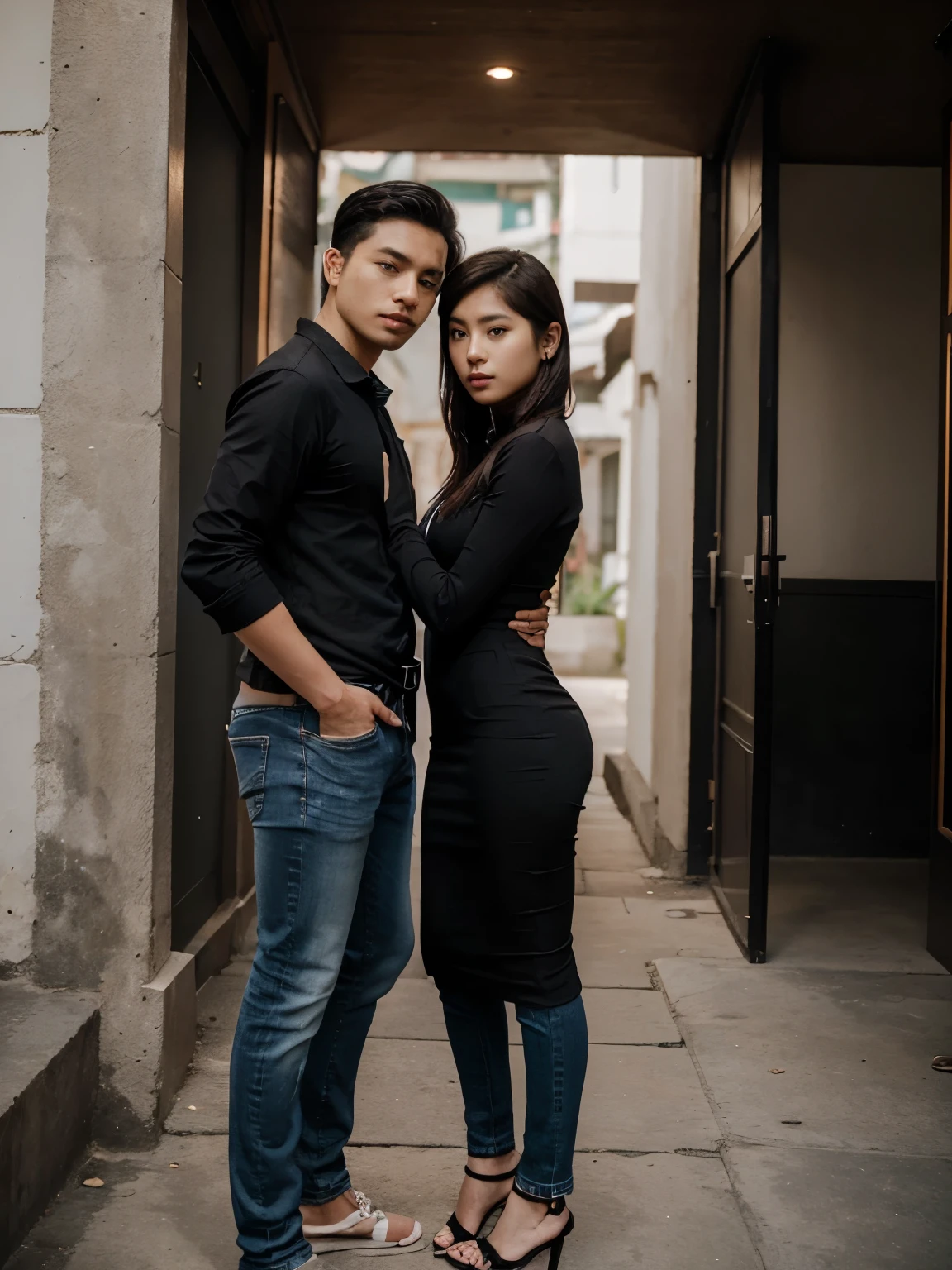 a man and a woman standing next to each other at a tourist spot in indonesia, an image, inspired by Adam Dario Keel, which is trending in the cg community, beautiful young Korean woman dressed in black party dress, jeans, movie screencap, model elisajes from acquamodels