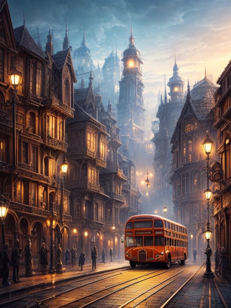 
       Victorian Aesthetics and Steampunk City Station Bus Crowd Fantasy Movie Scene Lively City Atmosphere Fog Mysterious Lighting Complex and Detailed Architecture, Bustling streets super detailed,Clear pattern, artwork,masterpiece,Master-produced photo-realistic highly detailed digital art，fantasy art behavior，surreal