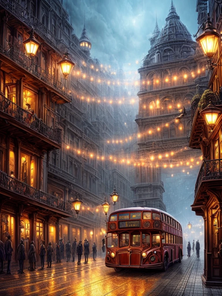 
       Victorian Aesthetics and Steampunk City Station Bus Crowd Fantasy Movie Scene Lively City Atmosphere Fog Mysterious Lighting Complex and Detailed Architecture, Bustling streets super detailed,Clear pattern, artwork,masterpiece,Master-produced photo-realistic highly detailed digital art，fantasy art behavior，surreal
