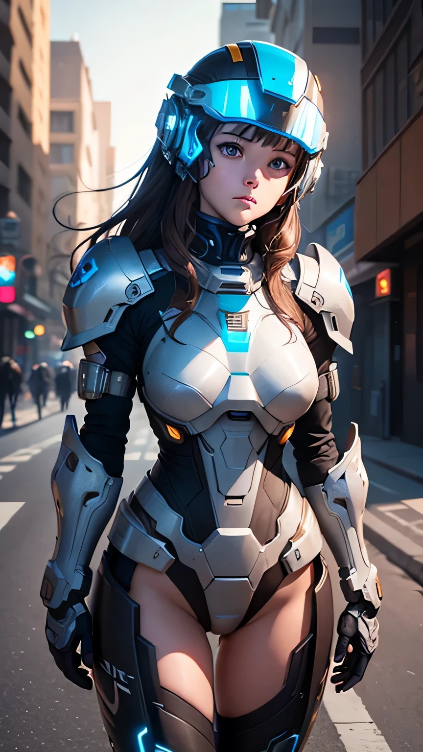masterpiece, 最high quality, , (alone), 1 girl, look up, dim light, , horizon_(apex legend), goggles, blue eyes, brown hair, gauntlet, shoulder armor, (Mecha Helmet), (science_fiction), outdoors, street, neon light, cyber punk, masterpiece, 最high quality, high quality, High resolution,