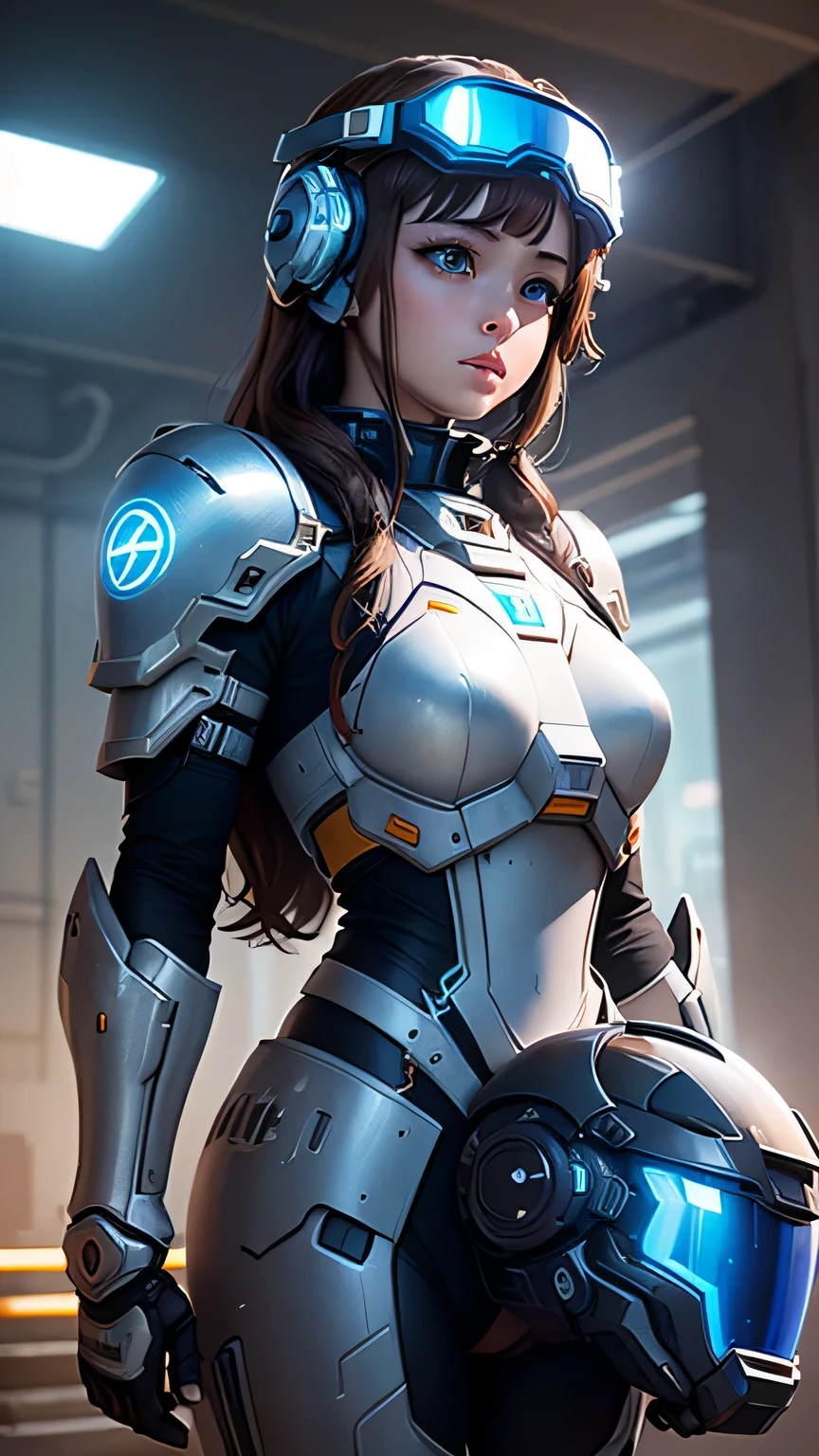 masterpiece,  最high quality, , (alone), 1 girl, look up, dim light, , horizon_(apex legend), goggles, blue eyes, brown hair, gauntlet, shoulder armor,  (Mecha Helmet), (science_fiction), outdoors, street, neon light, cyber punk, masterpiece, 最high quality, high quality, High resolution, 