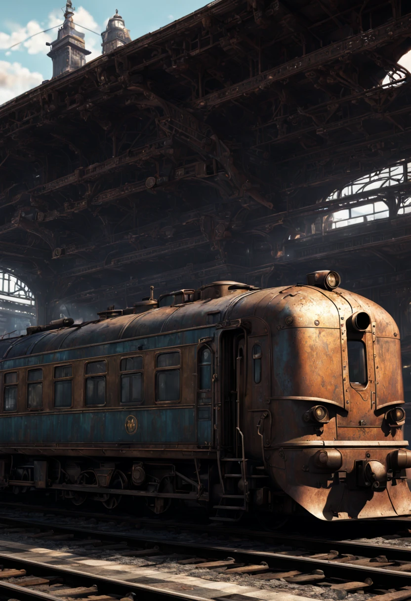 Train Station, aesthetic, Train, metal, rusted, detailed, 8k resolution, detailed matte painting, deep color, fantastical, intricate detail, splash screen, complementary colors, fantasy concept art, 8k resolution trending on Artstation Unreal Engine 5