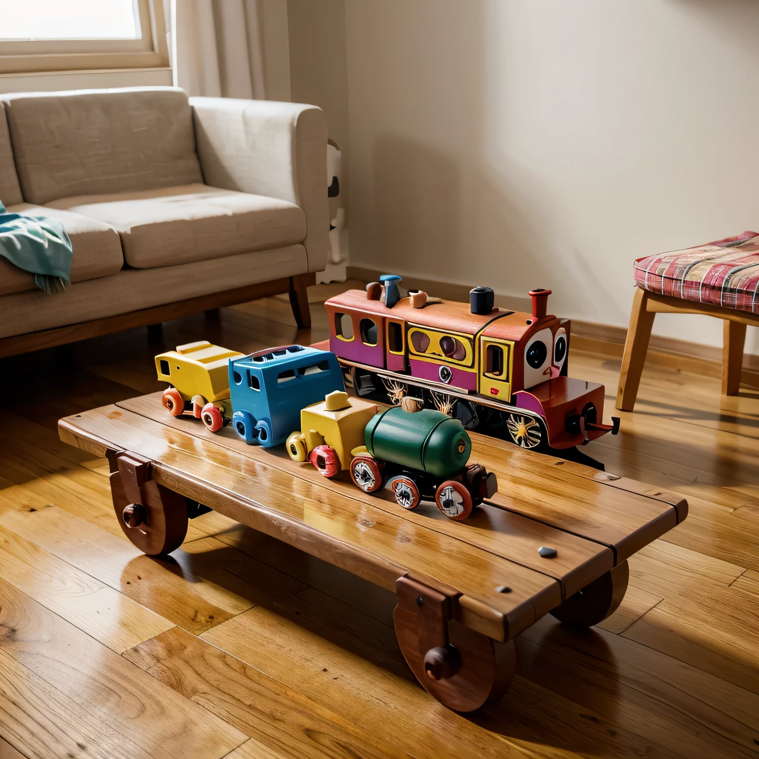 wooden children toy train, made from a few different colors, on a wood table, children room, a lot of toys on the ground