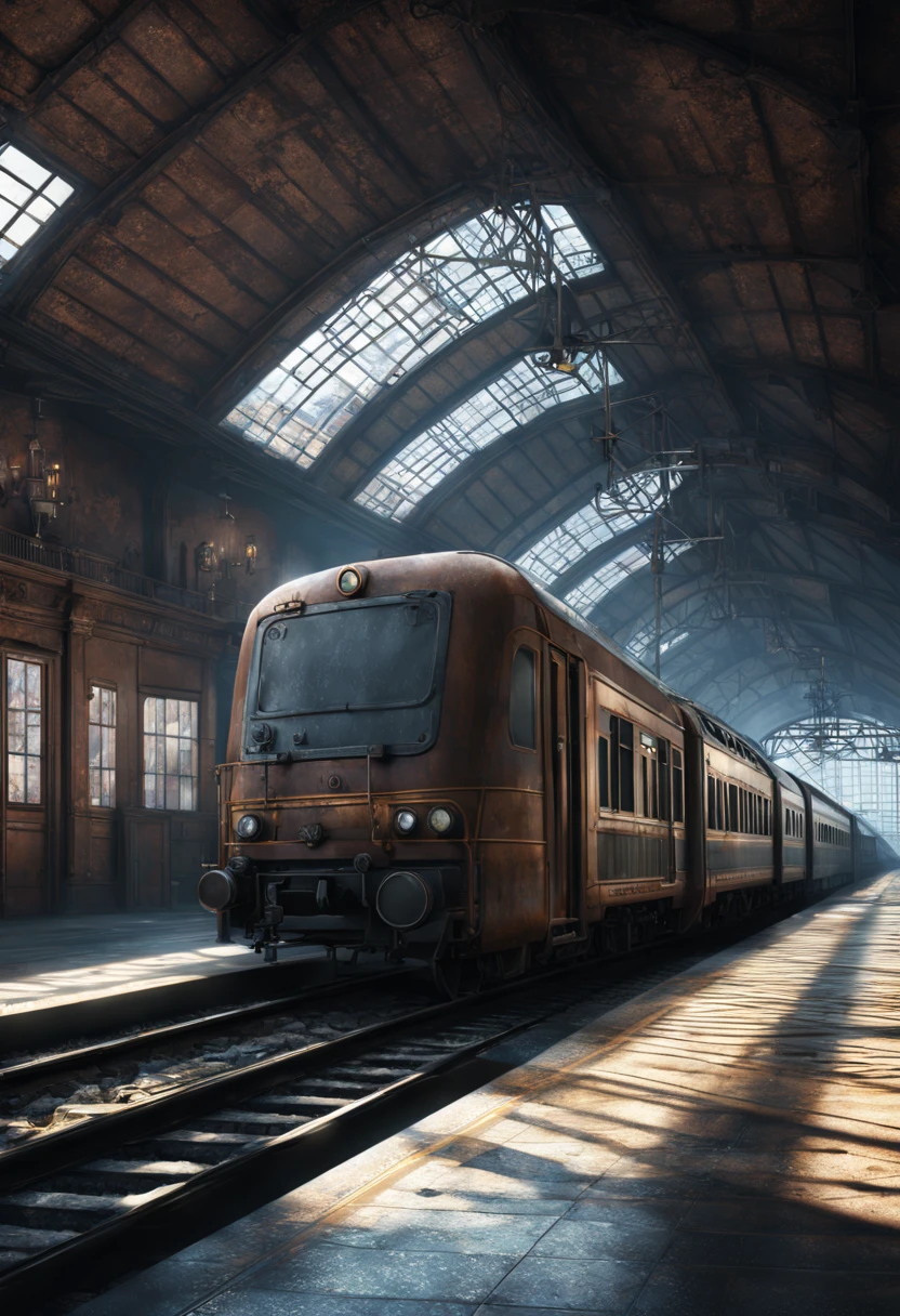 Train Station, aesthetic, Train, metal, rusted, detailed, 8k resolution, detailed matte painting, deep color, fantastical, intricate detail, splash screen, complementary colors, fantasy concept art, 8k resolution trending on Artstation Unreal Engine 5
