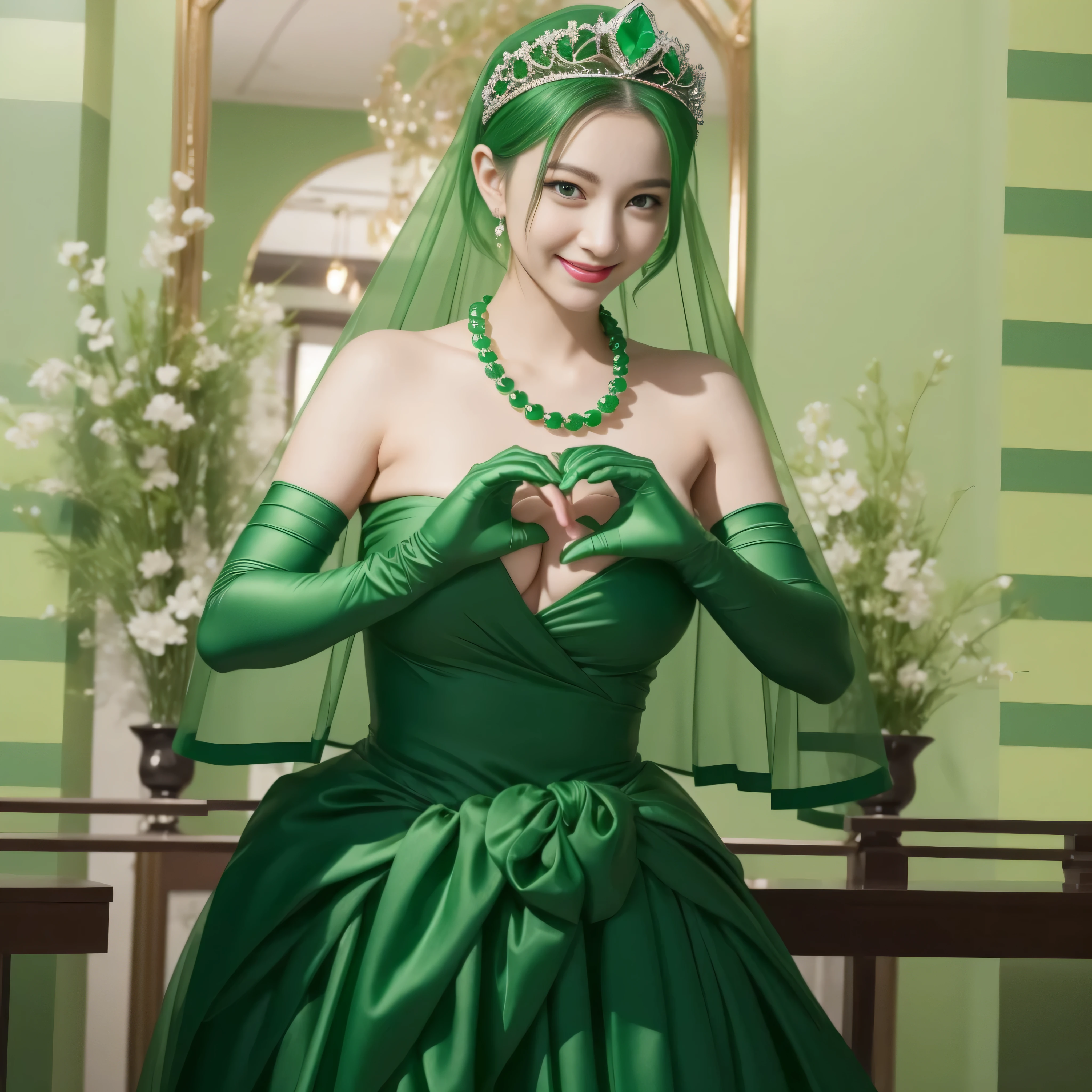 emerald tiara, Green Pearl Necklace, ボーイッシュな非常に短いgreen hair, green lips, smiling Japanese woman, very short hair, Beautiful woman with big breasts, green eyes, green satin long gloves, green eyes, emerald earrings, Green veil, Heart with both hands, green hair, beautiful japanese woman, heart shaped hands:1.3, green lip gloss