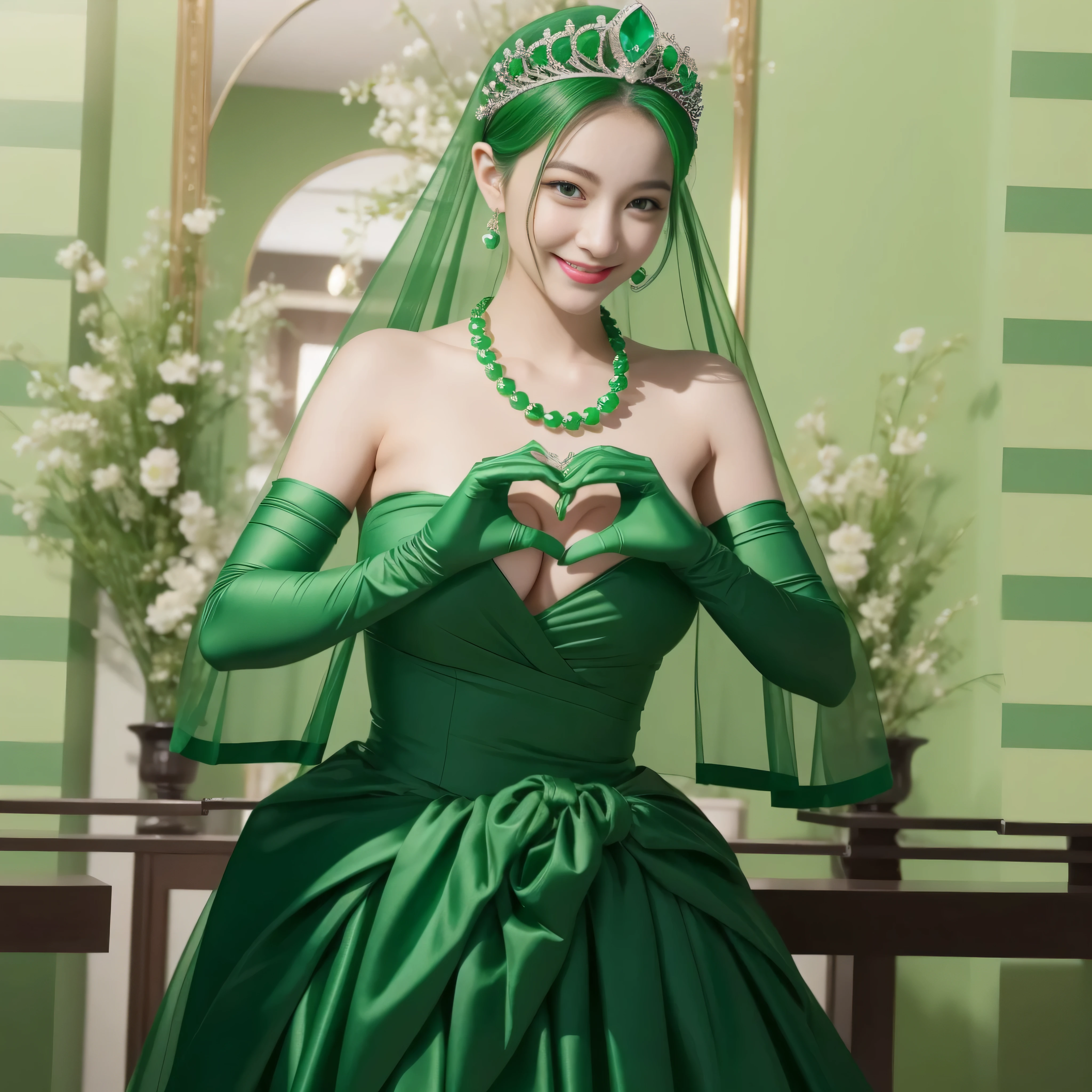 emerald tiara, Green Pearl Necklace, ボーイッシュな非常に短いgreen hair, green lips, smiling Japanese woman, very short hair, Beautiful woman with big breasts, green eyes, green satin long gloves, green eyes, emerald earrings, Green veil, Heart with both hands, green hair, beautiful japanese woman, heart shaped hands:1.3, green lip gloss