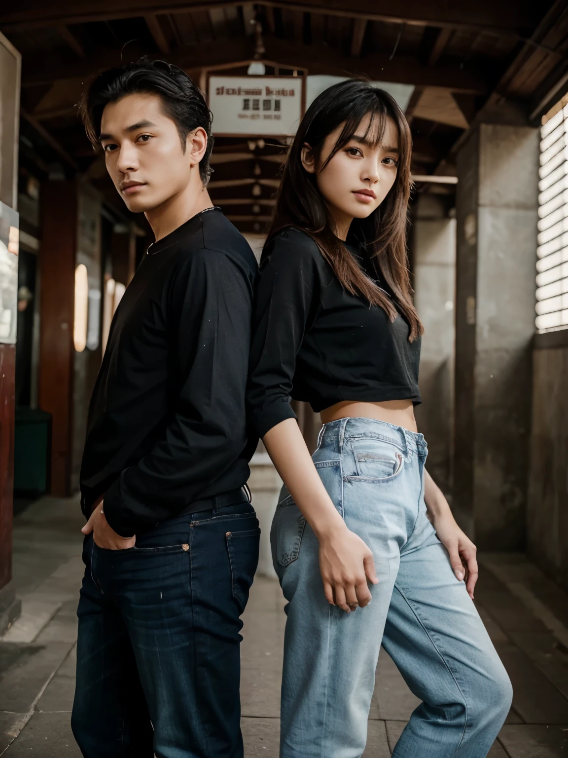 a man and a woman standing next to each other at a tourist spot in indonesia, an image, inspired by Adam Dario Keel, which is trending in the cg community, beautiful young Korean woman dressed in black party dress, jeans, movie screencap, model elisajes from acquamodels