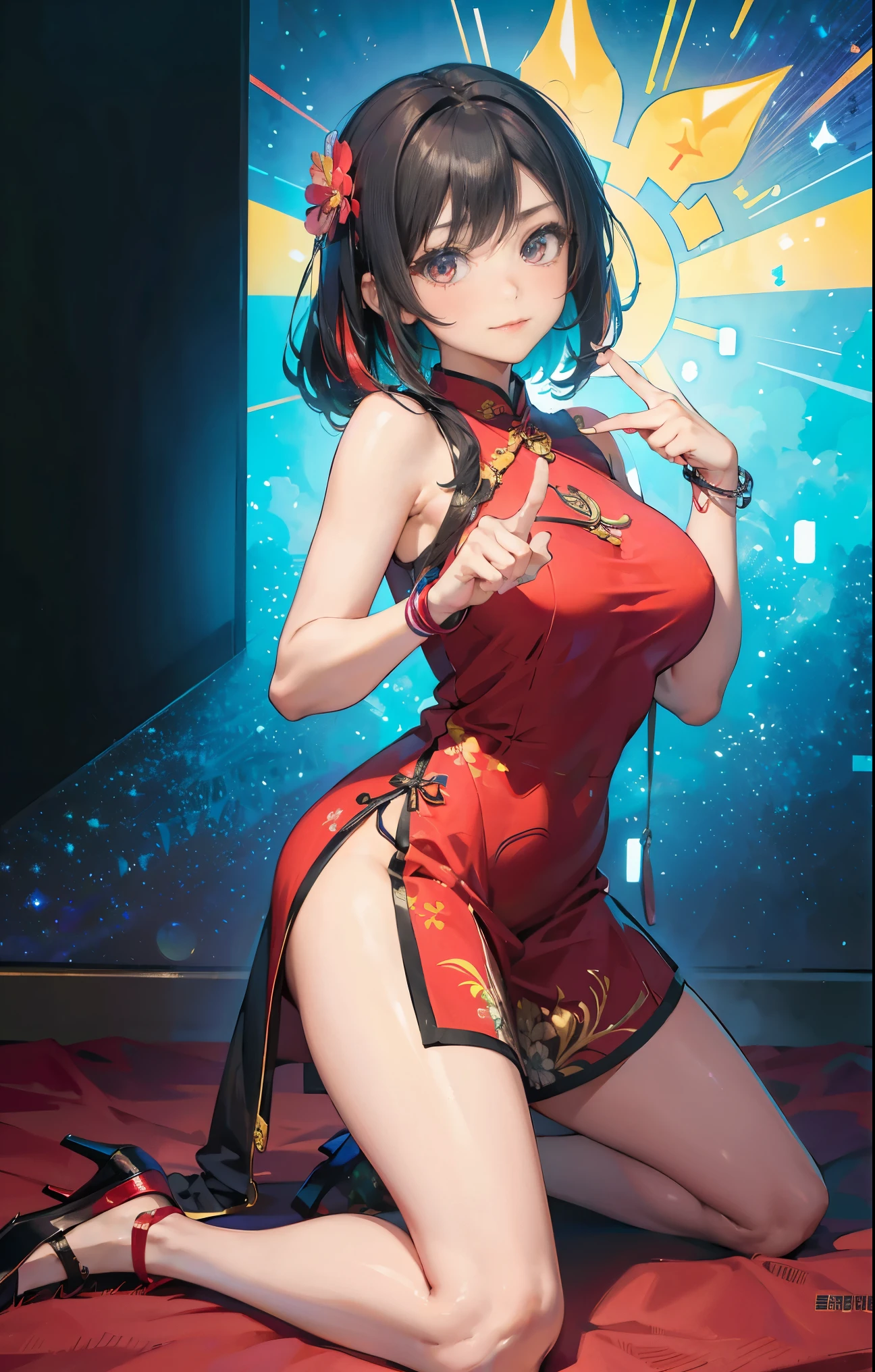 best qualtiy,tmasterpiece,Ultimate Resolution,downy,highly colorful,Cheongsam beauty,A MILF,on cheongsam,Kneeling Pose,(Pointing at you in the ass),Collar,anklets,high-heels,high-heels,Correct posture