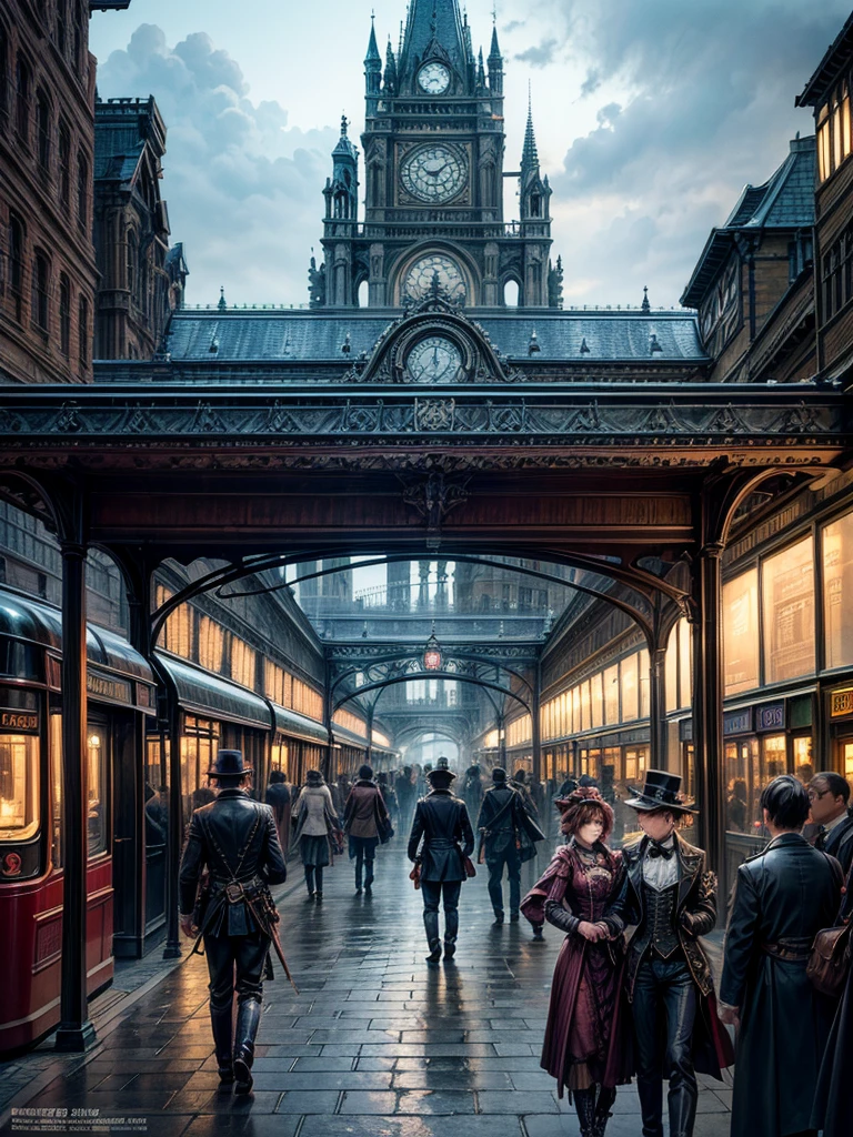 
       Victorian Aesthetics and Steampunk City Station Bus Crowd Fantasy Movie Scene Lively City Atmosphere Fog Mysterious Lighting Complex and Detailed Architecture, Bustling streets super detailed,Clear pattern, artwork,masterpiece,Master-produced photo-realistic highly detailed digital art，fantasy art behavior，surreal