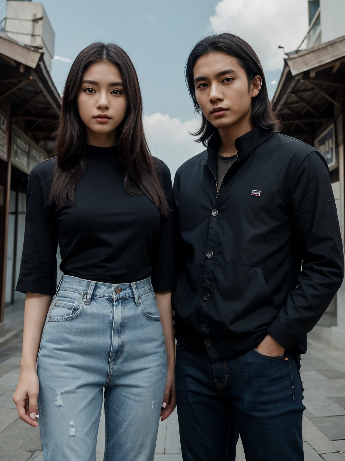 a man and a woman standing next to each other at a tourist spot in indonesia, an image, inspired by Adam Dario Keel, which is trending in the cg community, beautiful young Korean woman dressed in black party dress, jeans, movie screencap, model elisajes from acquamodels