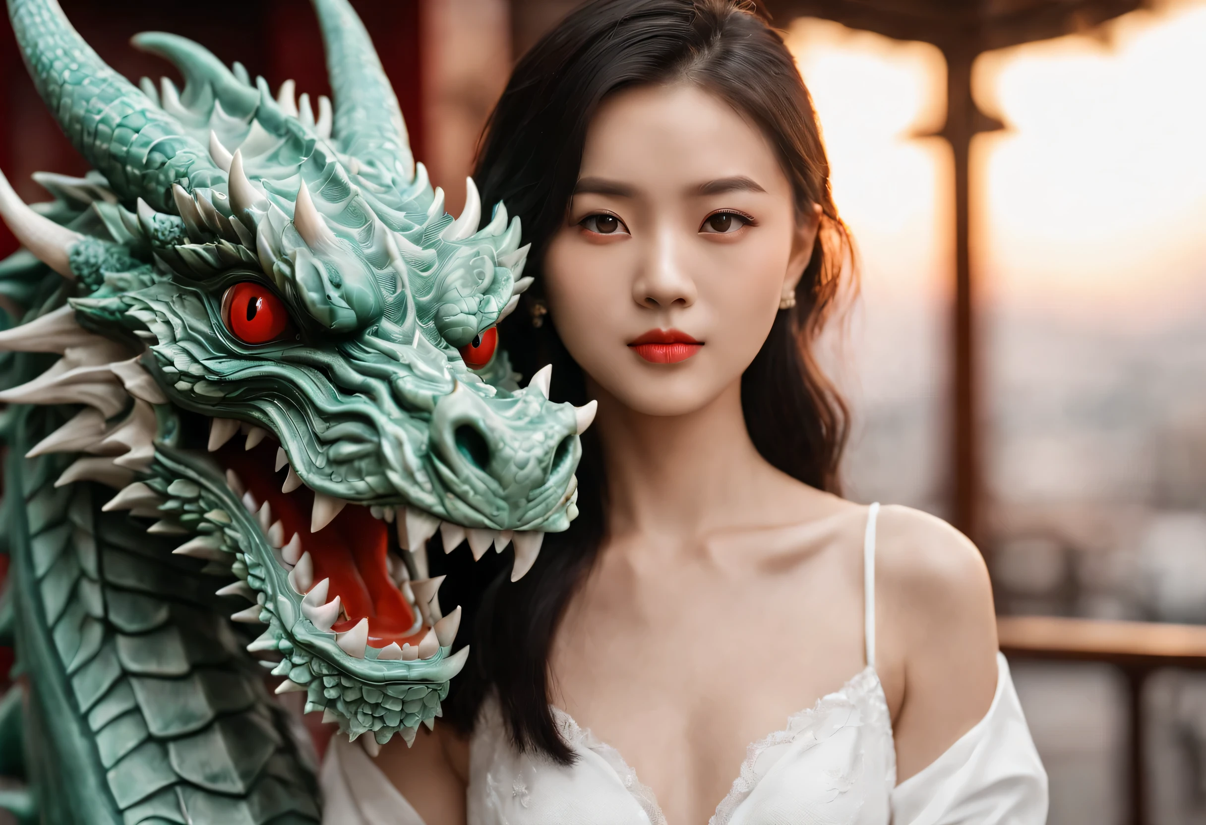 HDR, UHD, 64k, polychromatic neon, phantasmagoria, vray, polychromatic noir, hyperrealistic photo, portrait of a very attractive single Asian girl with beautiful emerald detailed eyes in a detailed white dress with dragons on it, she has medium-sized breasts and juicy cleavage, anatomically correct, finely detailed features, perfect body, lightly tanned skin, perfectly flawless skin, super-detailed black and red dragon tattoos, (award winning, best quality), masterpiece, detailed, edgy, (dramatic, confident, mirrorless, ultra-wide angle, sunset, lifestyle editorial, black and white, high, backlit), ( blending, smooth, serious, detailed expressions, artstyle, detailed eyes, HDR, UHD, 64k, RTX, sharp, sharp focus, highly detailed, intricate detail, professional, artistic flow, ultra detailed, high resolution photography)