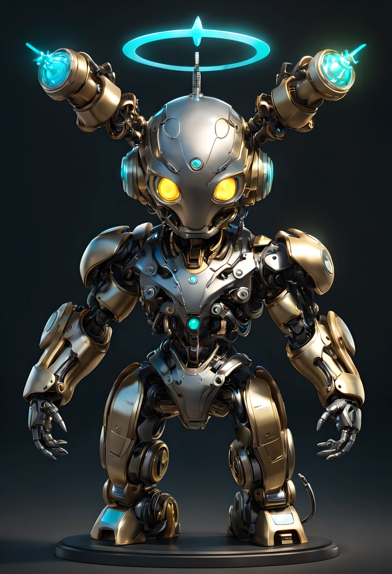 (masterpiece, best quality: 1.4), high resolution, rendering, chibi, high resolution, Mechanical puppets, symbiotic robot, steampunk costume, whole body, chibi, Polished metal body, robot parts, Metallic luster, rainbow colors, 3D characters, (Phosphorus halo gas), bioluminescence, Mechanical arm, sparkling gem eyes, Front view, (real quality: 1.2), dynamic poses,
