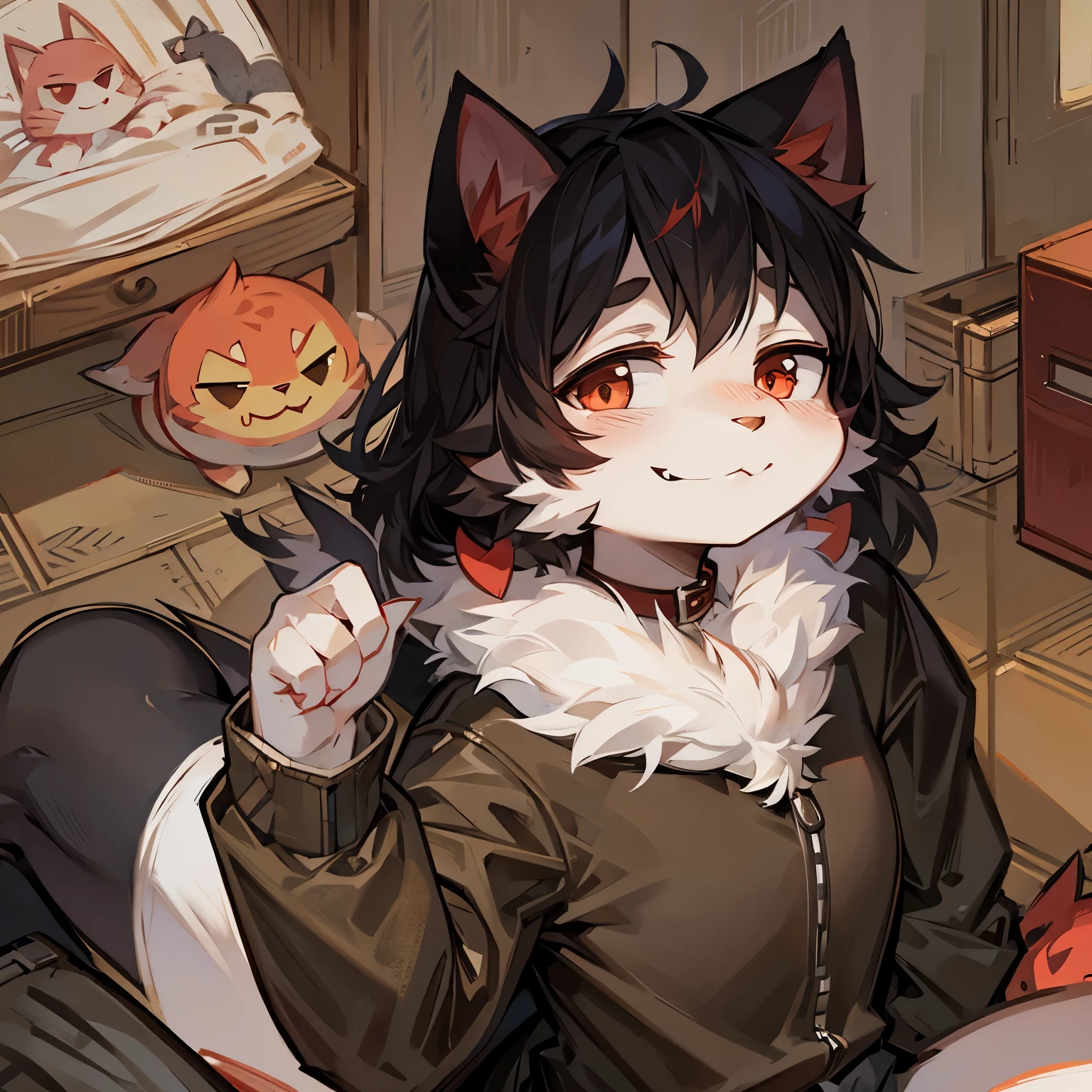Cat,furry,pair of red devil horns,Bad smile 2D,cute